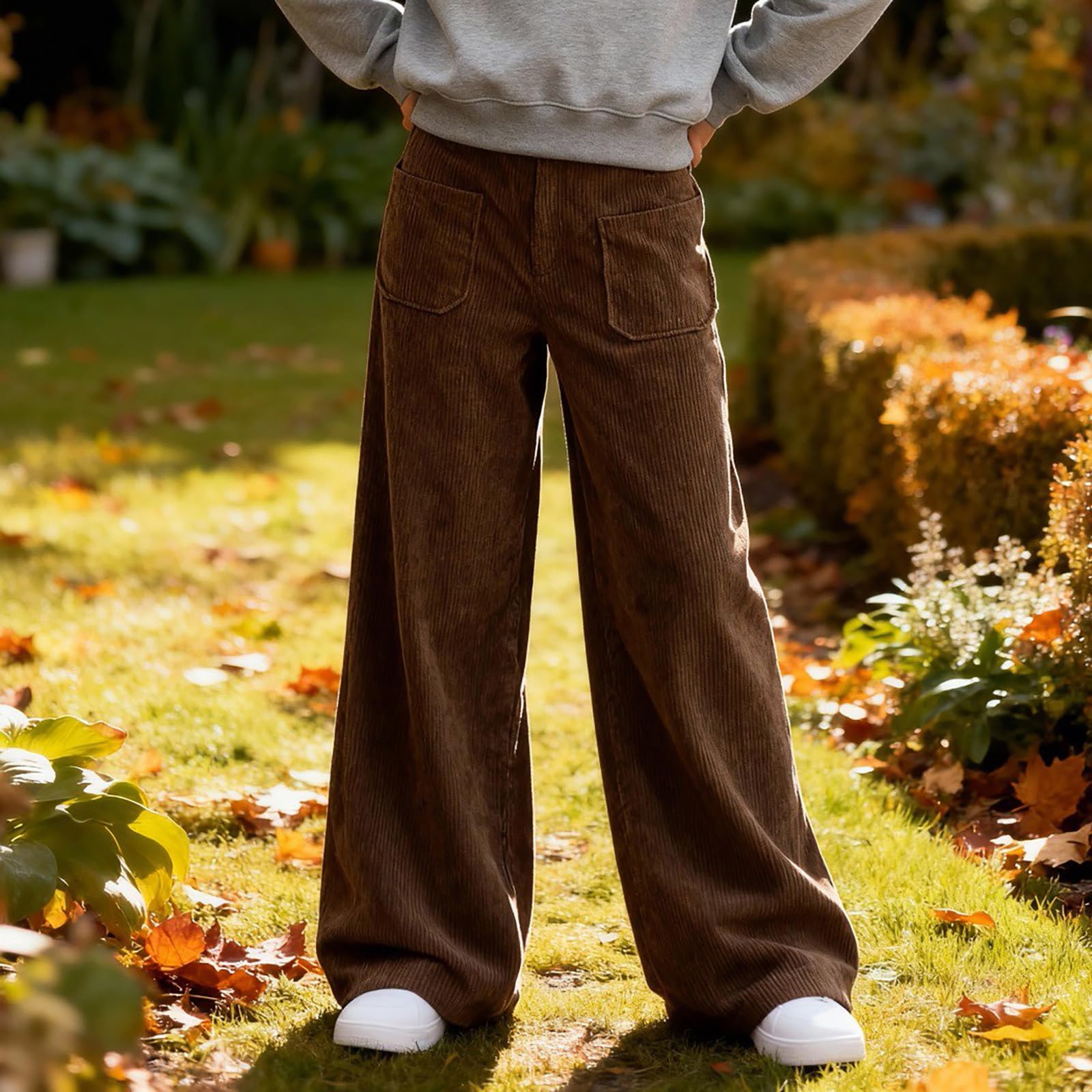 Générique Pantalon en Velours côtelé pour Fille Baggy Jambes Larges Pantalon Évasé Taille Haute Ample Pantalon Décontracté Élastique Léger Confortable Pantalon De Loisirs