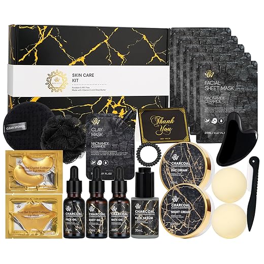 RA ROSA ACCA Presentes Para O Dia Dos Namorados Para Mulheres E Homens, Kit De Cuidados Com A Pele Com Carvão Ativado (23pç), Kit Para Banho E Corpo, Kit Spa, Presentes De Aniversário, Sérum, Óleo