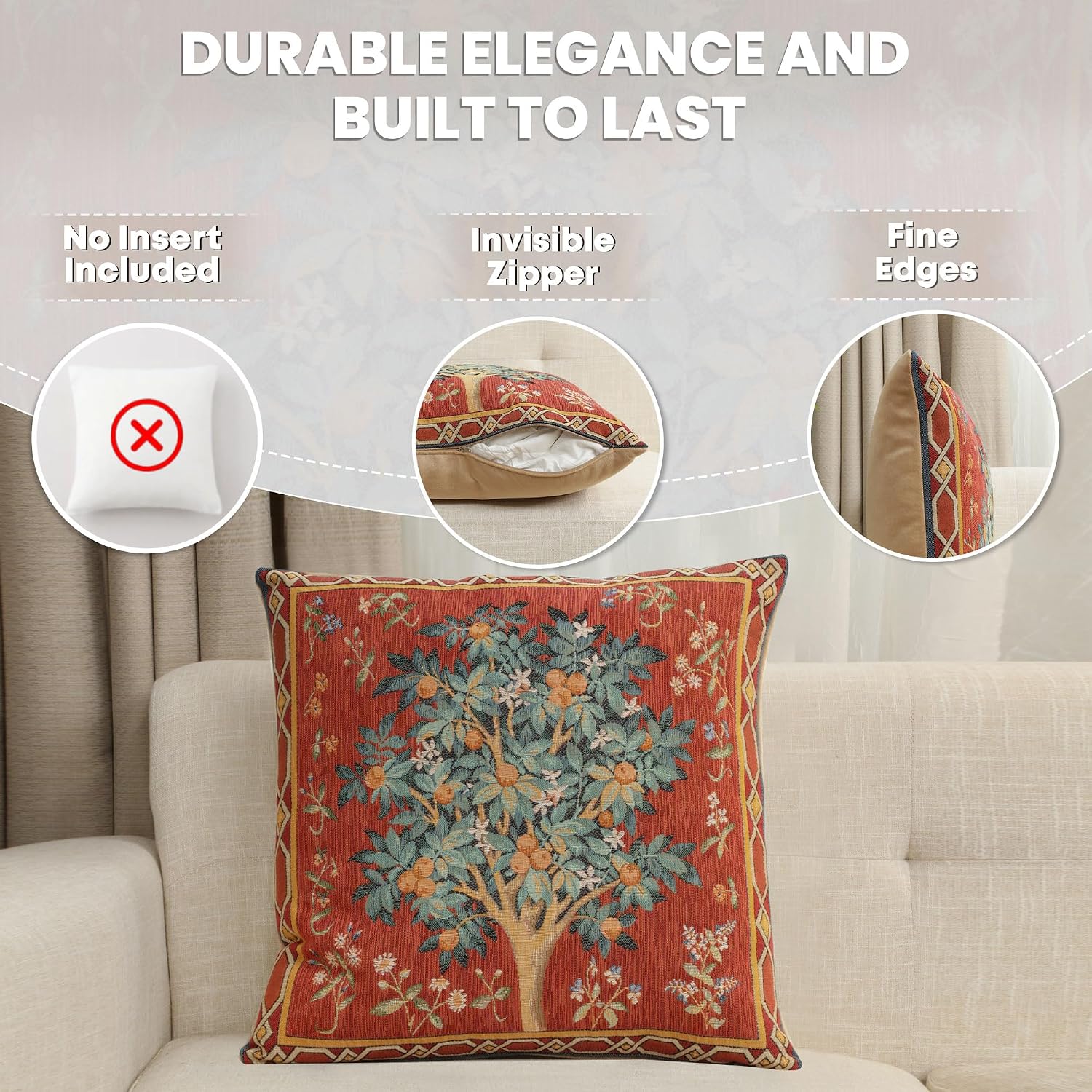 Charlotte Home Furnishings Throw Pillow Covers for Couch 19X19 in, Red Tree Decorative Pillow Covers for Bed, Large Tapestry Sofa Cushion Cases Cozy Decor, Soft European Cotton Jacquard Woven