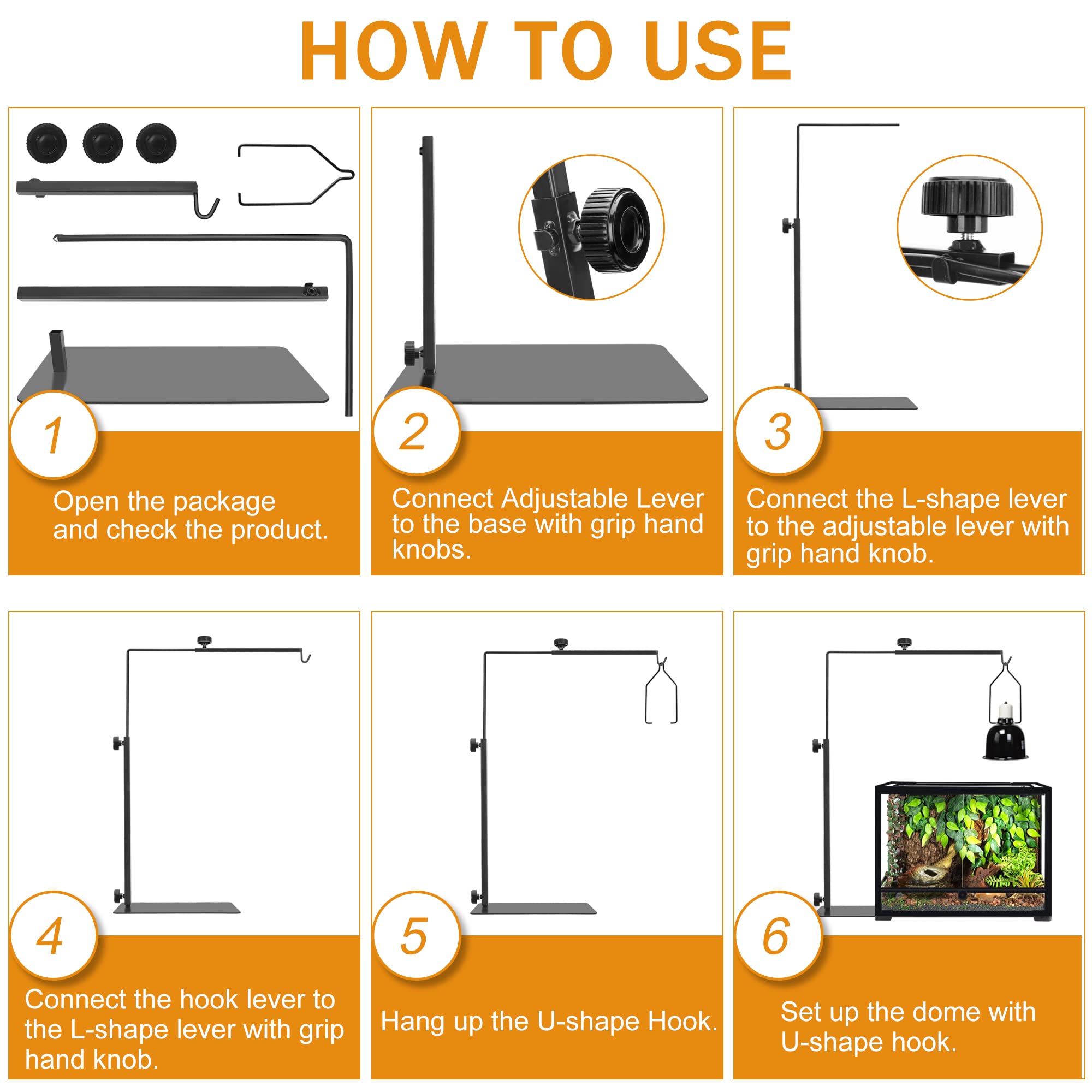 Dômes pour reptiles, réglable de 40,6 à 68,6 cm, support de lampe chauffante pour terrarium, support de lampe en métal noir