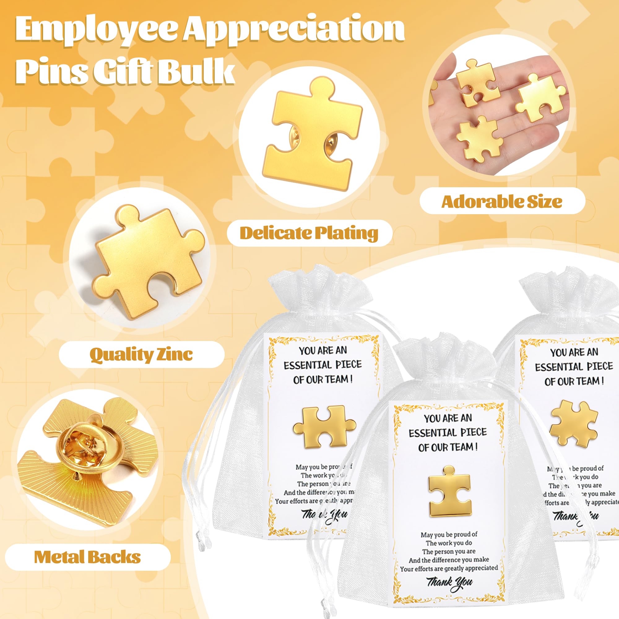 SINCCO 24/48/96 Sets Employee Appreciation Gifts Bulk, Inspirational Employee Of The Month Lapel Pins With Thank You Cards Small Puzzle Piece Gift for Coworkers, Office Staff, Team Building (Gold)