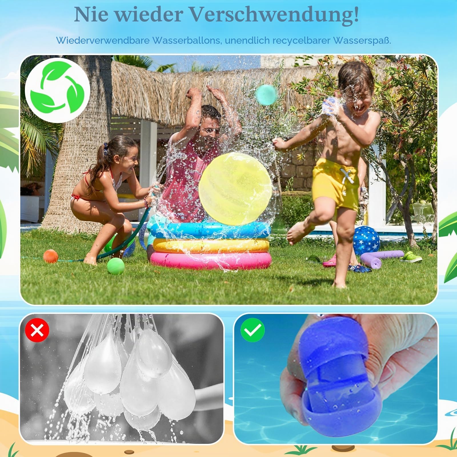 CloudValley Wasserbomben Wiederverwendbar – 12 Stück Mehrweg Wasserballons ohne Magnet, Schnell Befüllbar, Leicht & Weich, Sicher für Kinder und Erwachsene, Splash Ball für Sommer & Garten