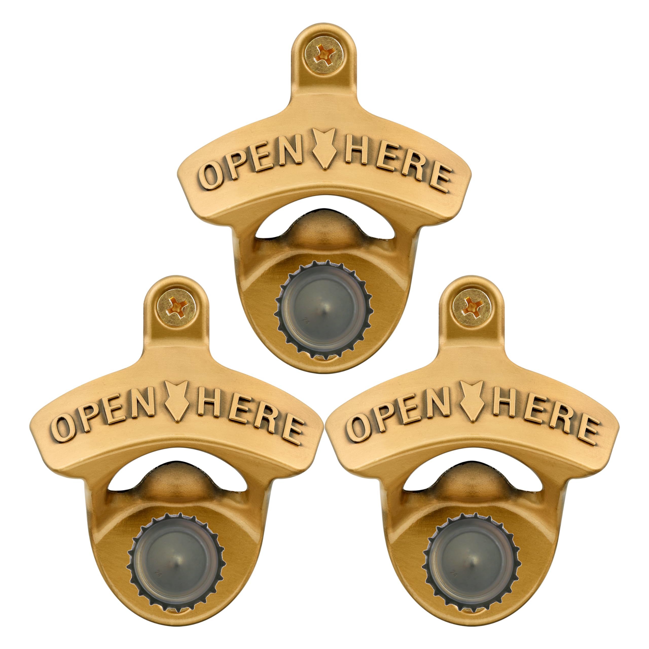 Jumiok Wall Mounted Beer Cap Opener with Magnets Built-in Antique Gold Magnetic Bottle Opener Cooler Attached Stainless (Pack of 3)