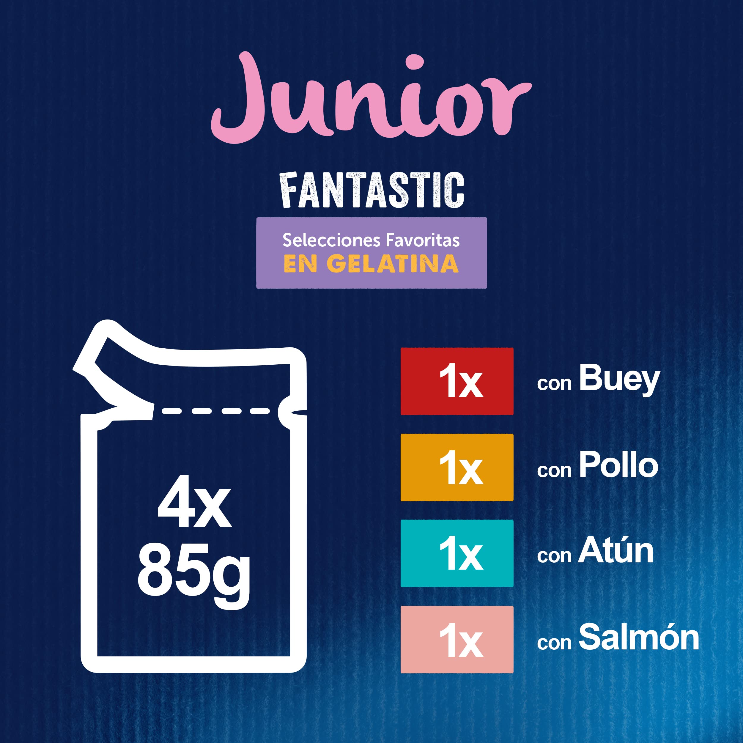 FELIX Fantastic, Comida Húmeda para Gato Junior, Gelatina, Surtido de Buey, Salmón, Pollo y Atún, 12 Packs de 4 Sobres de 85 g. (48 Sobres)
