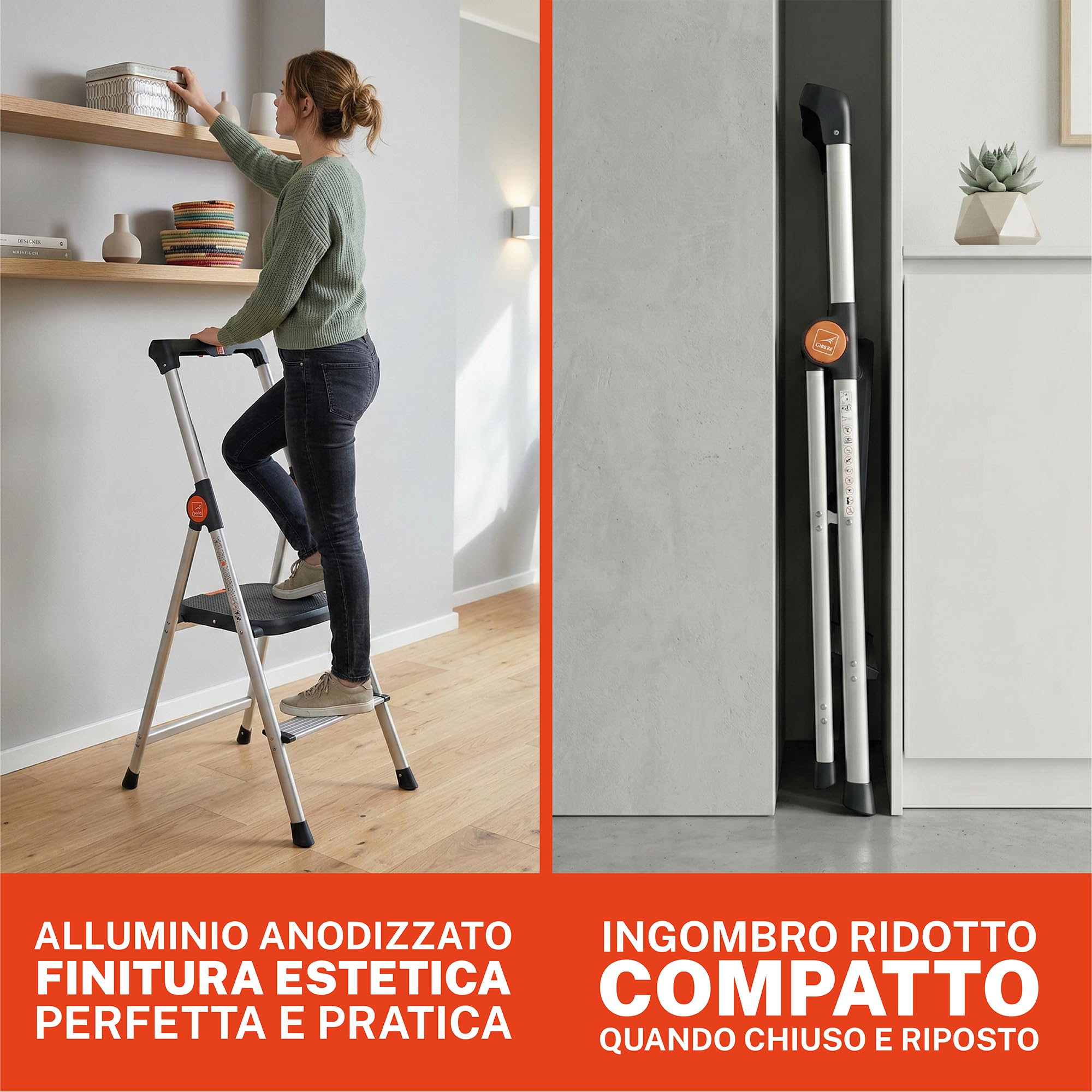 GIERRE Scaletta 2 gradini pieghevole 117H x 49 cm Sgabello Scaletta in Alluminio Anodizzato con Vaschetta Portaoggetti Integrata Scala Salvaspazio con Piedini Antiscivolo e Ampia Piattaforma