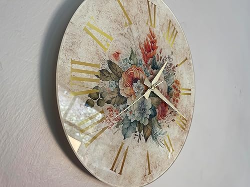 Miniatura 5 de Reloj de pared de vidrio templado, diseño floral de 14 pulgadas, estilo floral, arte de pared para sala de estar, reloj de pared silencioso sin