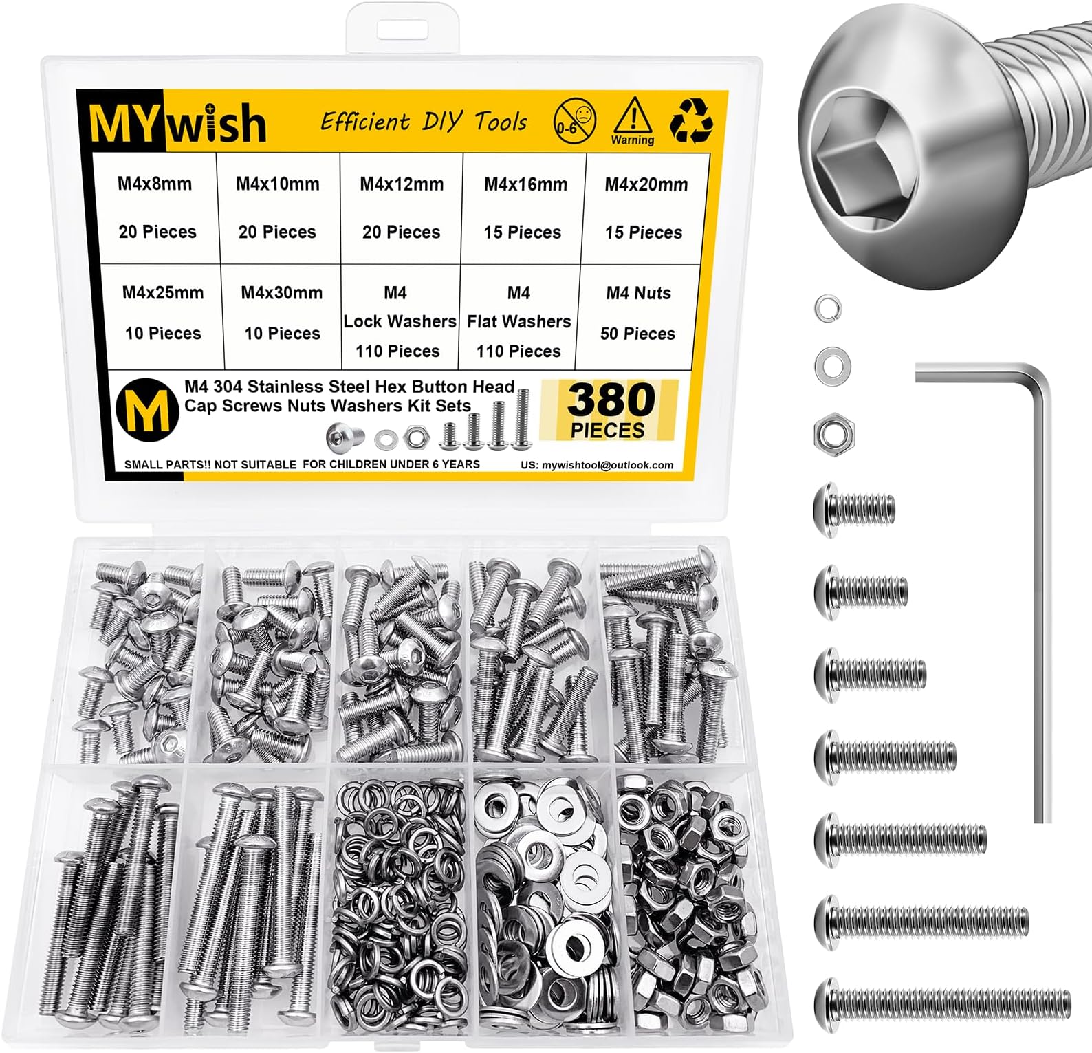 Mywish 380 Pcs M4 Screw Nuts and Bolts Assortment Kit, 304 Stainless Steel Button Head Socket Cap Metric Screws Bolts, Spring & Flat Lock Washers/Nuts/Hex Wrenches, M4*8/10/12/16/20/25/30