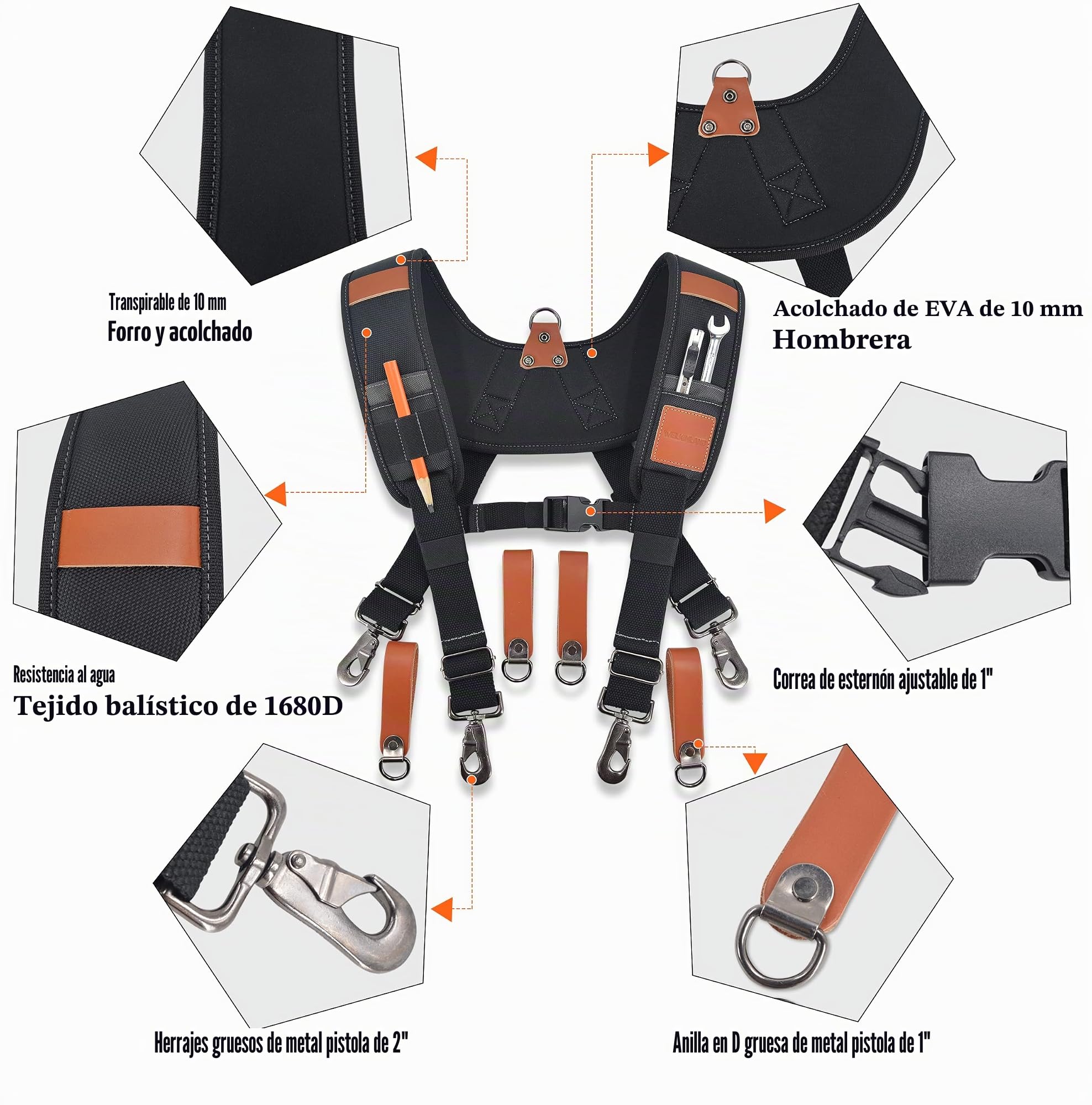 WELKINLAND Tirantes de cinturón de herramientas de cuero resistente, Tirantes para bolsa de herramientas de carpintero, Tirantes de cuero para cinturón de herramientas, Cinturón de herramientas para