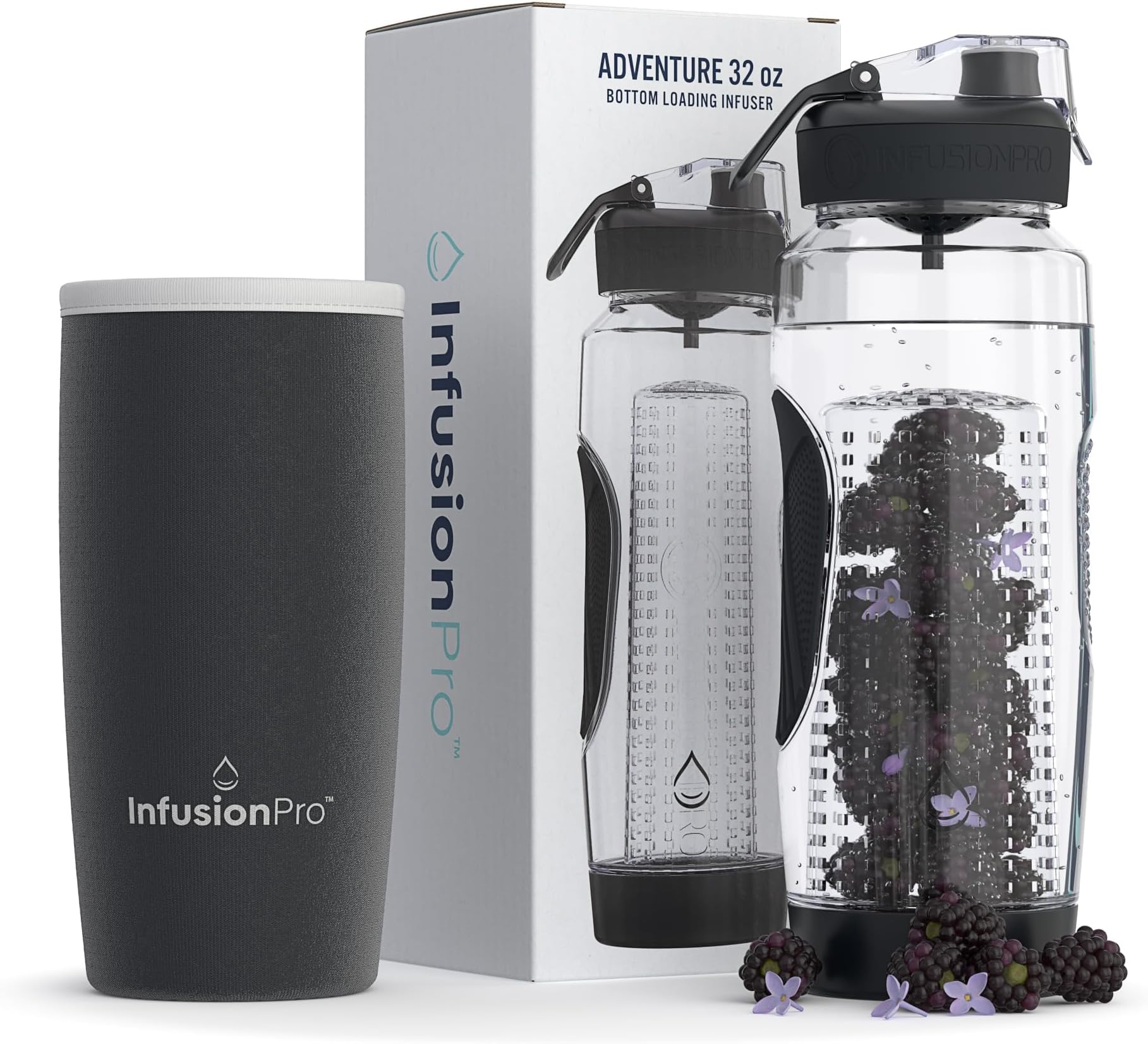 Infusion Pro 32 oz Fruit Infuser Water Bottle with Insulated Sleeve & 50 Recipe Fruit Infusion Water eBook : Bottom Loading, Large Water Infuser for More Flavor : Unique Gift Idea for Women