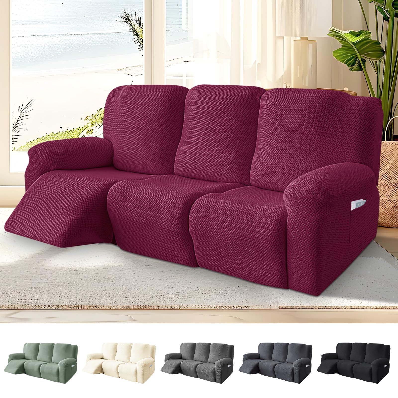 Bocguy Copripoltrona 8 Pezzi All-Inclusive, Rivestimento Elasticizzato con Tasche in Jacquard a Righe, per Poltrona Relax o TV