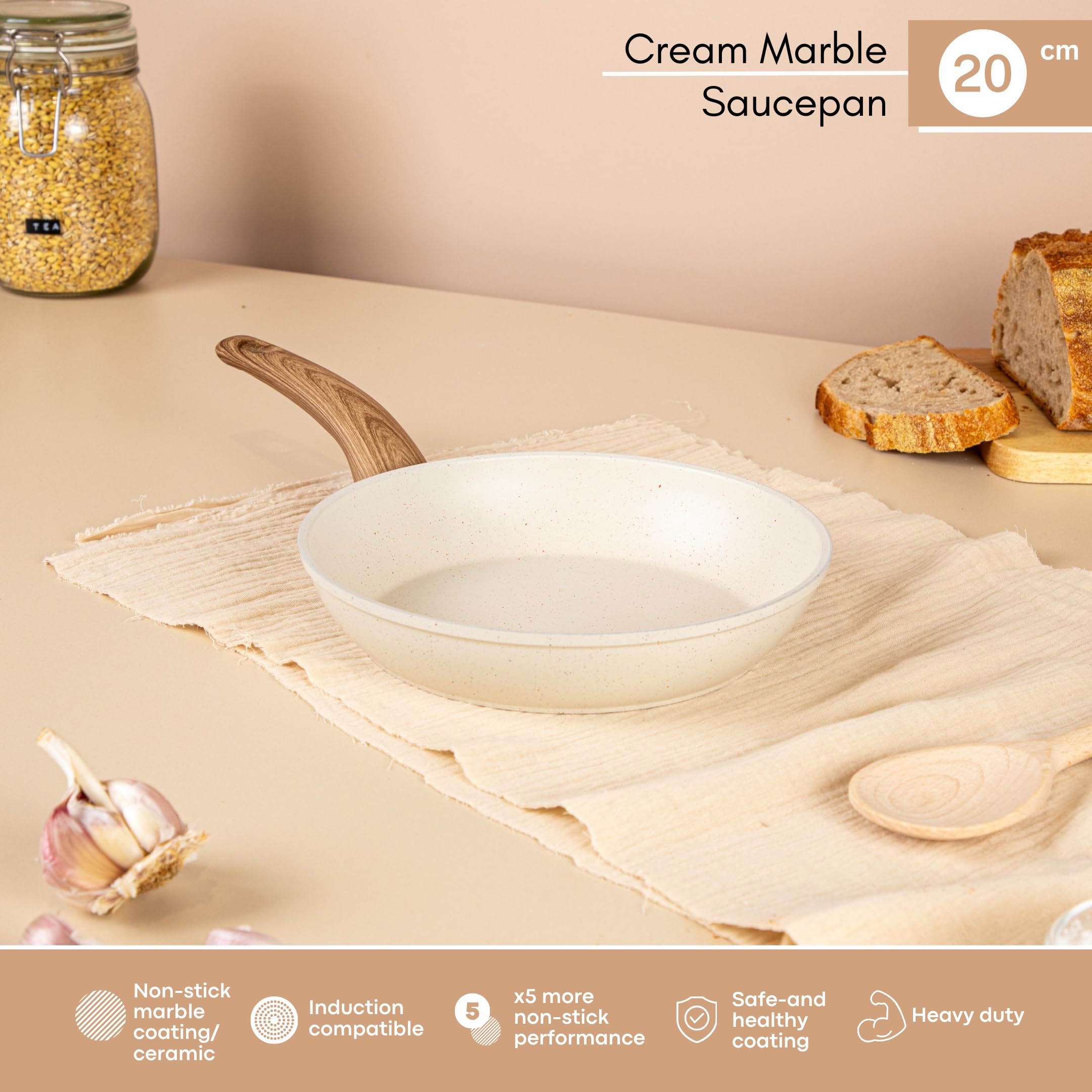 Nuovva Induction Hob Frying Pan Set - Non Stick Chef's Pan & Wok - 20cm Cream Granite - Image 4