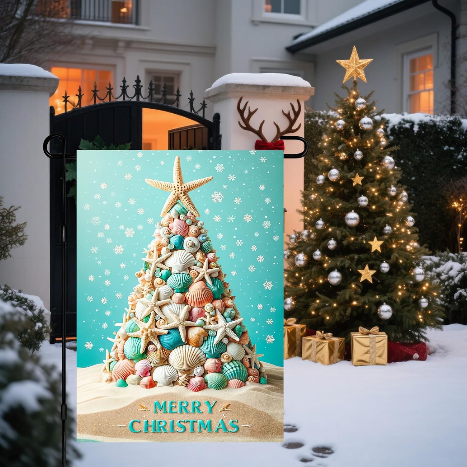 Coastal Christmas Seashell Tree Garden Flag 12x18 Inch, Tropical Beach Starfish Holiday Yard Flag, Double Sided Winter Outdoor Decoration for Porch, Lawn, or Patio - Image 5