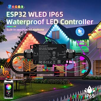WeGoIOT Waterproof ESP32 WLED Controller with Mic , Project for Pool Boat Landscape Outdoor Lights IP65 Dynamic RGB IC DIY Lighting WiFi APP Control for WS2812B DC5-24V RGBW LED Controller (1 Channel)