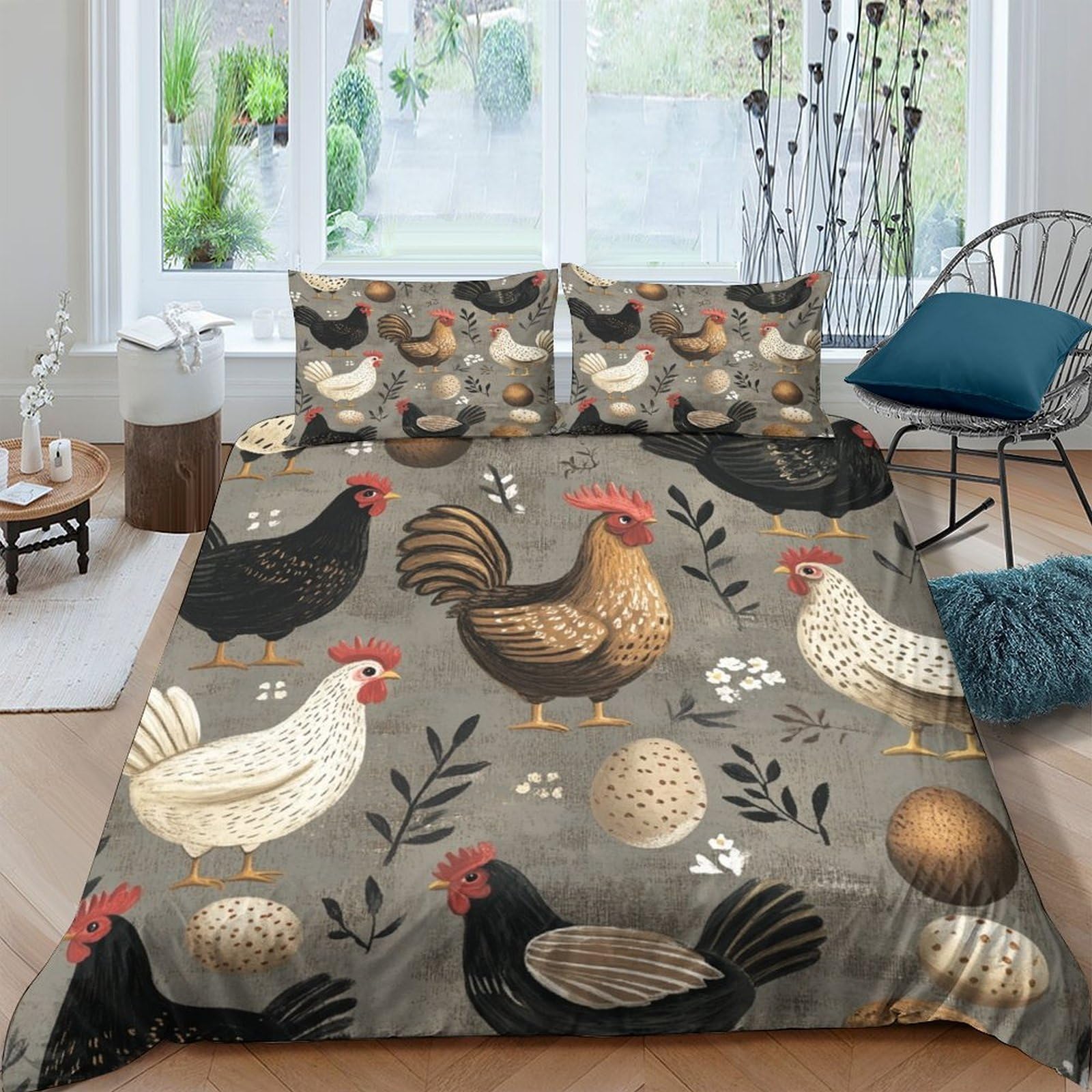 GPLZQXKJNH 3D Printed Chicken Farm Duvet Cover Microfiber Soft Breathable Hen Egg Bedding Set with 2 Pillowcases for Bedroom Decor Single（135x200cm）