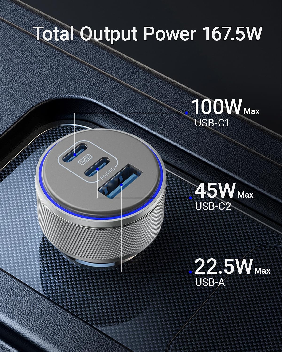 iPhone 17 USB-C Car Charger, 167.5W Max 3-Port Type-C Fast Charging Cigarette Lighter,Charger Adapter for iPhone 16/15/14/13,Samsung S24/S23/S22,Pixel,iPad Air,AirPods,Android