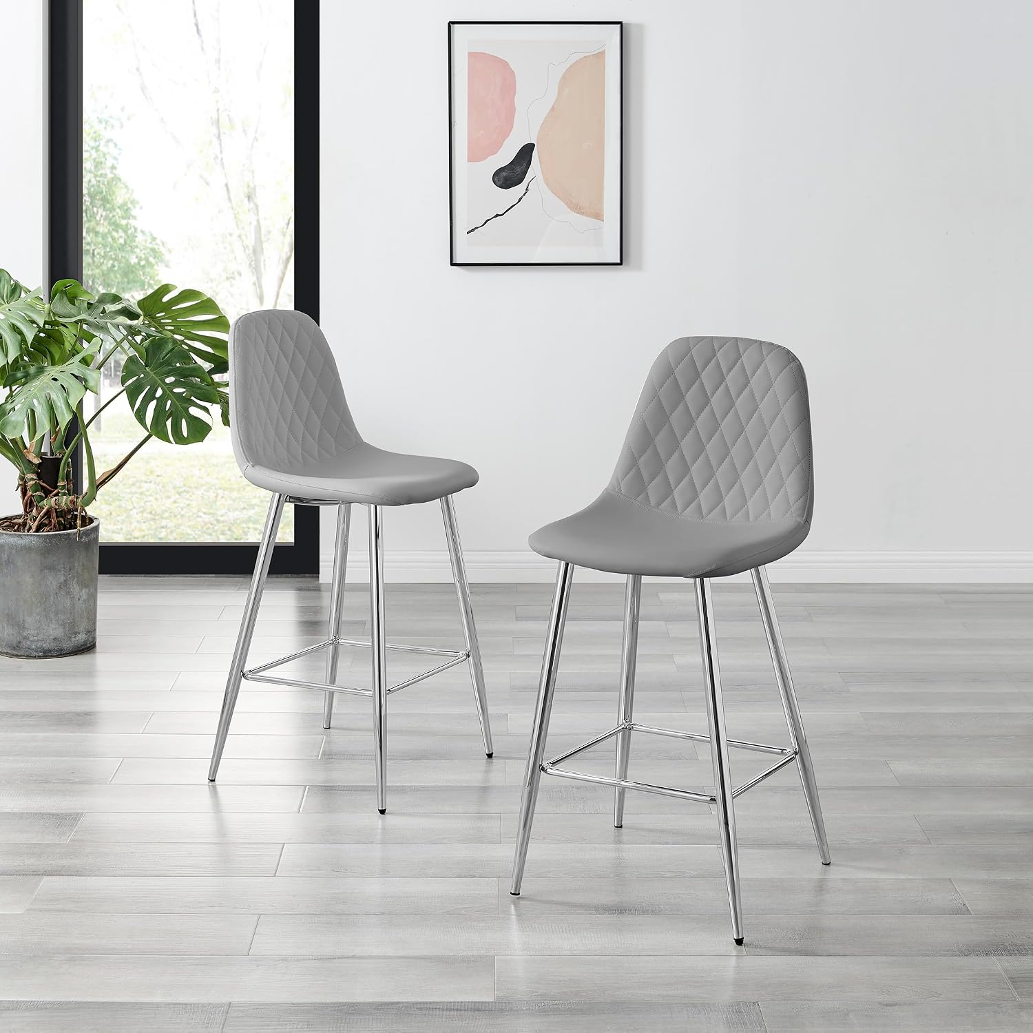 Furniturebox UK Bar Stool Chairs - Corona Grey Faux Leather Dining Chair Silver Metal Legs - Minimalist Industrial Scandi Style - Quilted Diamond Stitching - Modern Dining Kitchen Furniture
