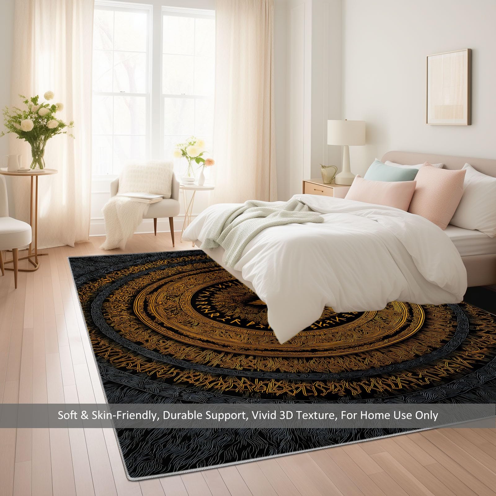 Generisch Teppich Wohnzimmer Waschbar Kurzflor Weich Fantasy Wikinger Symbol Teppich 80 x 150 cm pflegeleicht rutschfest für Schlafzimmer Kinderzimmer Flur Badezimmer Schwarz
