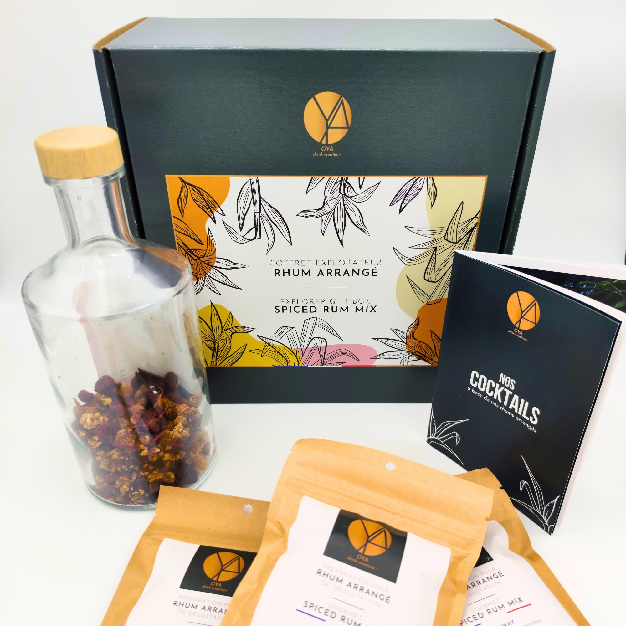 OYA - Coffret Rhum Arrangé Dégustation - Kit Cadeau Rhum avec 1 Bouteille 75cl, 4 Préparations Artisanales et Livret Cocktails - Idée Cadeau Anniversaire Homme, Fête des Pères