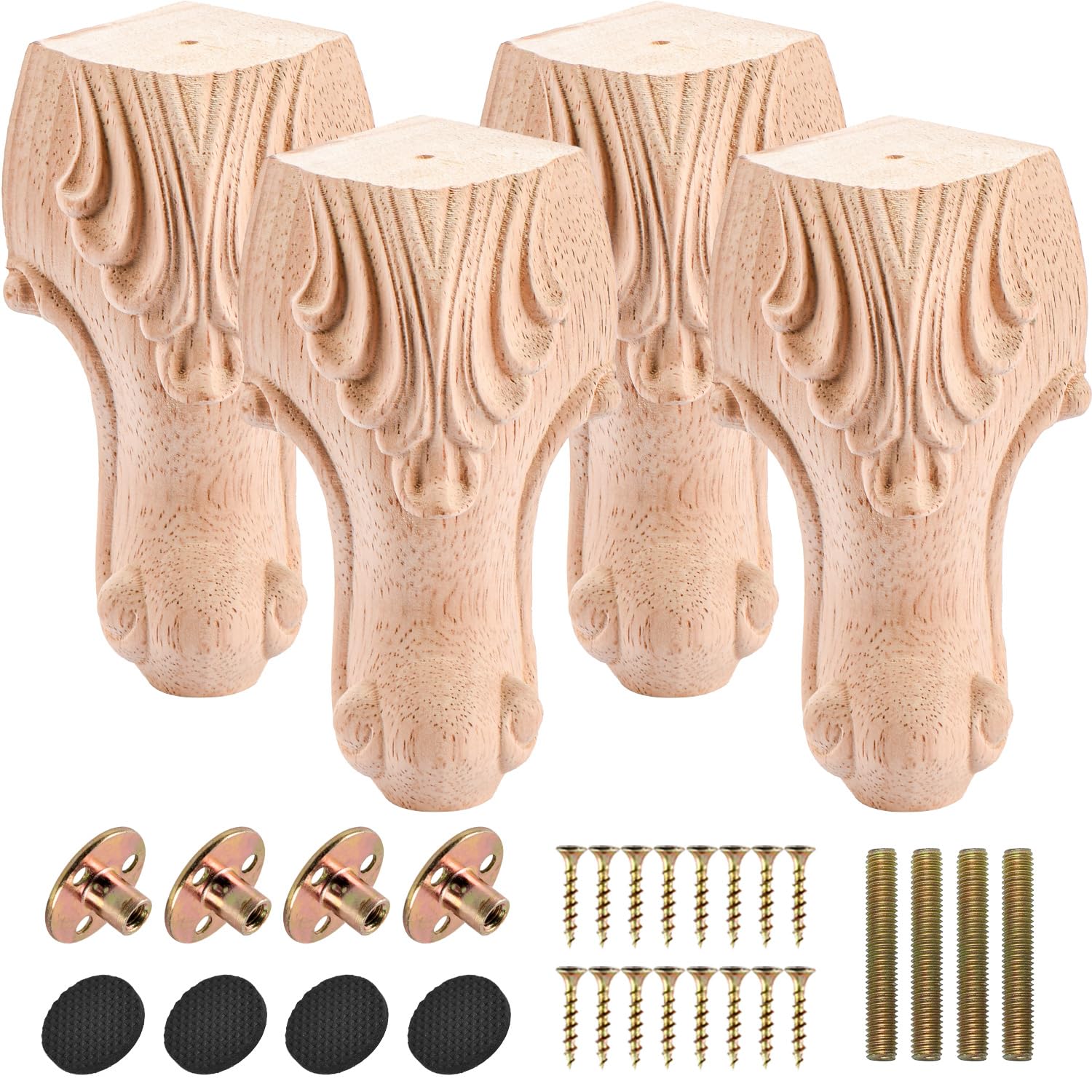 Btowin VCF 8 Inch / 20cm Wooden Furniture Legs, 4PCS Solid Wood Carved Geometry Sofa Legs Unfinished DIY Replacement Bun Feet with Mounting Plate & Screws for Sofa Cabinet Couch Table TV Stand