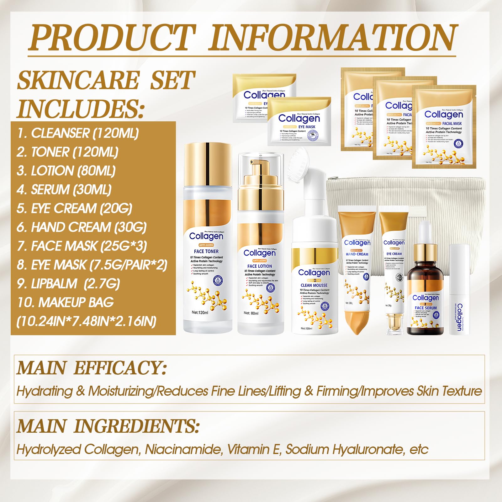 Kit Skincare Viso Completo, 13 Pezzi Set Skincare Collagene, Skincare Coreana Kit 9 in 1 Include Collagen Mask, Eye Cream, Toner Viso, Face Cleanser, Siero Viso, Hand Cream, Idratante Labbra ecc