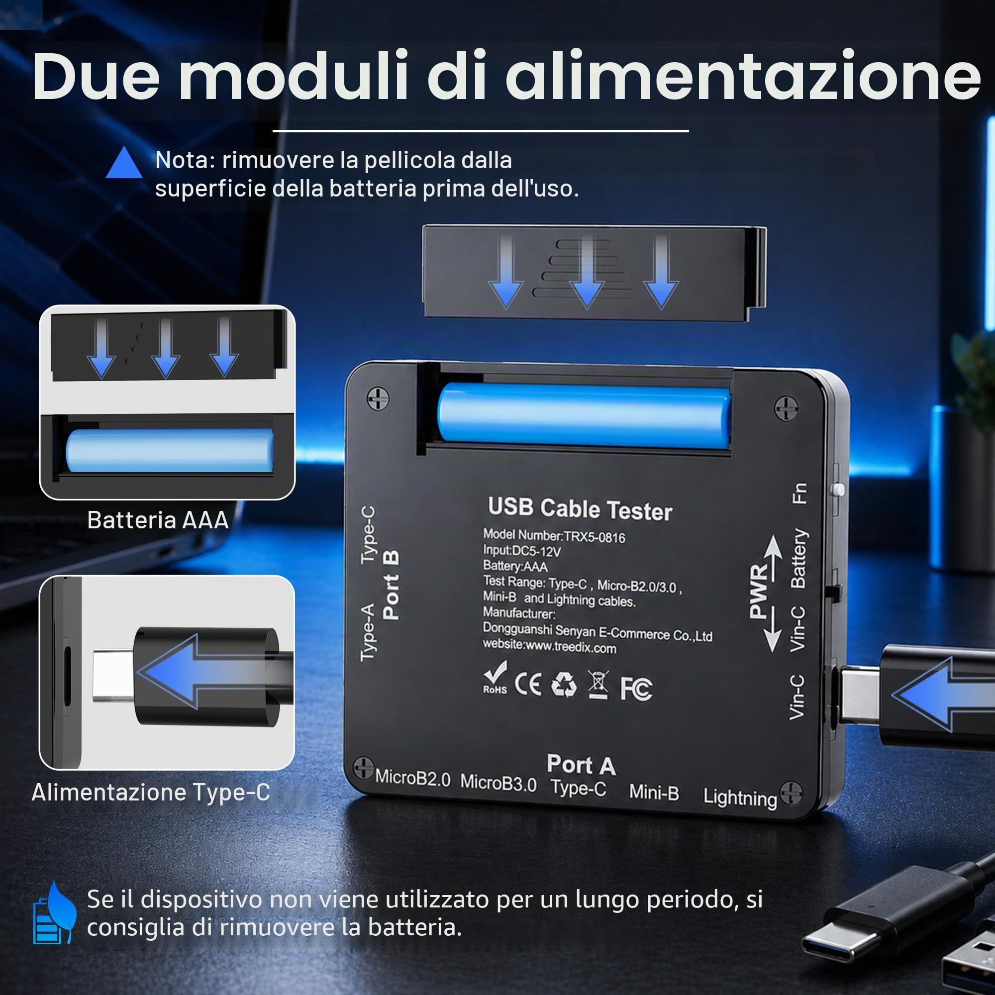Treedix Tester per cavi USB-C, trasferimento dati e corrente, resistenza, eMarker USB-A, Micro-B 3.0