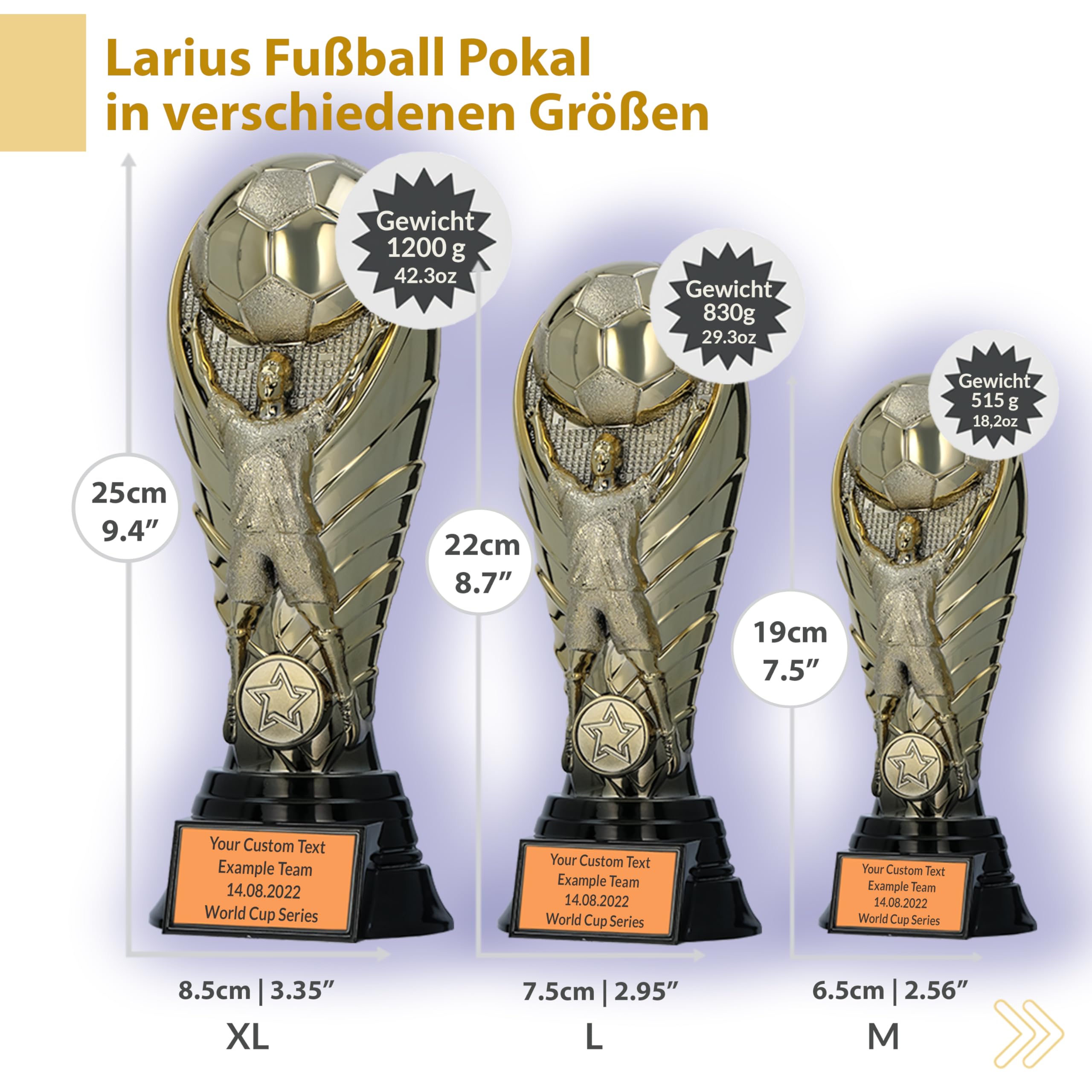 Larius Trofeo Calcio Premium 19/22/25 cm – Oro, Peso Fino a 1,2 kg – con/Senza Incisione Personalizzata | Elegante Coppa per Campioni, tornei e Club – F1