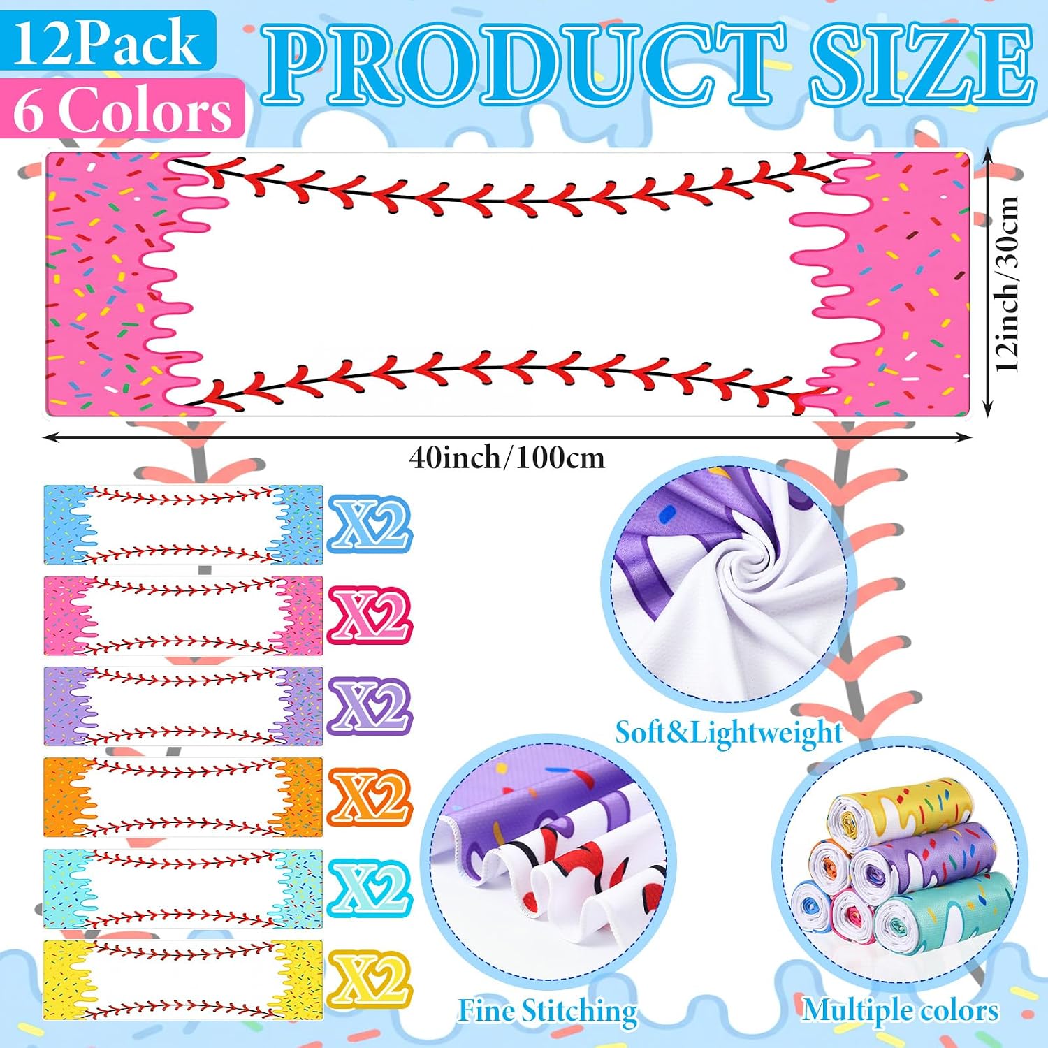 Tegeme 12 Pcs Ice Cream Baseball Cooling Towels, 40 x 12 Inch Ice Cream Drip Cooling Towels Microfiber Sport Towel for Neck, Baseball Instant Chill Towel for Running, Gym, Yoga, Team Gifts (Classic)