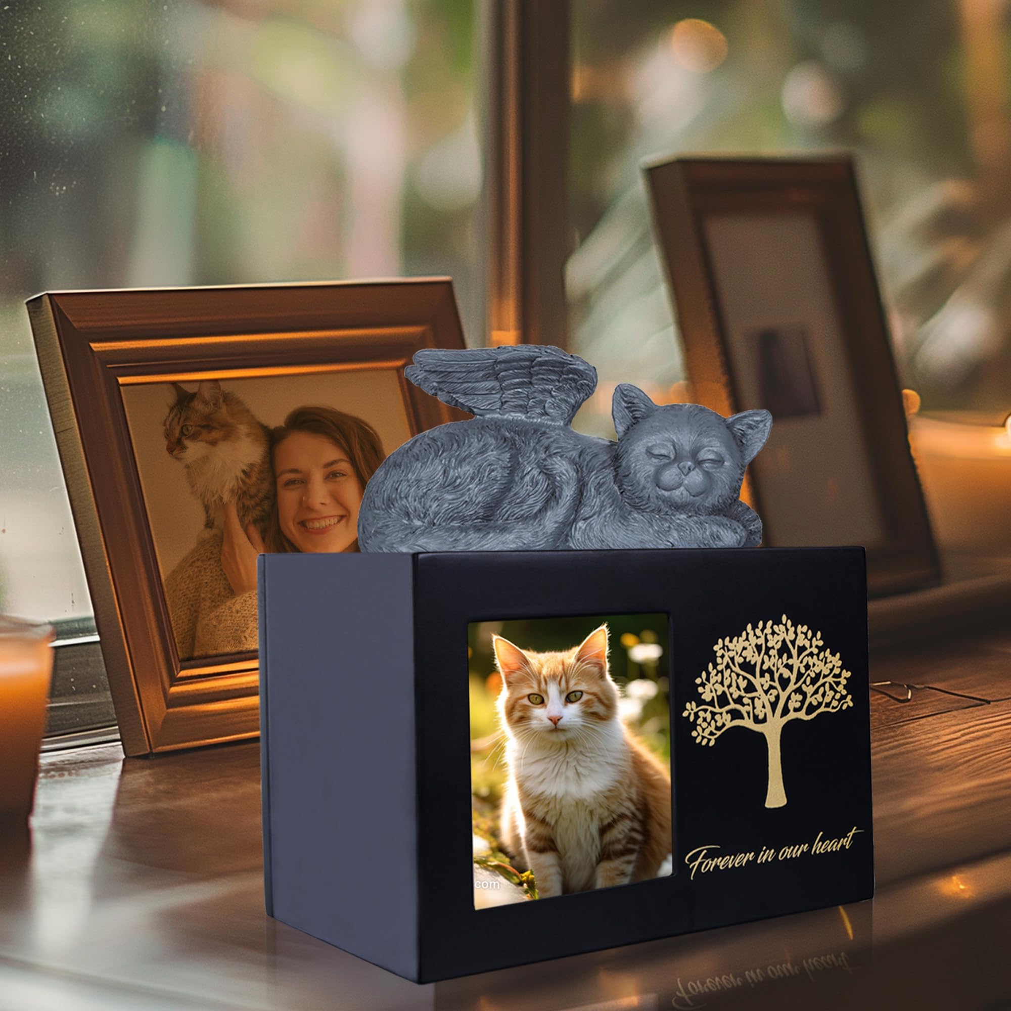 Urnes pour chat - Boîte de crémation en bois - Urne noire avec statue de chat en résine et pochette en velours