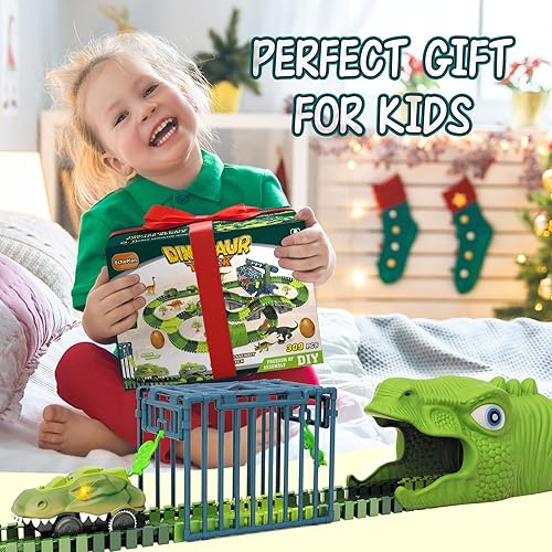 Miniatura 8 de Juguetes de dinosaurio, 309 piezas de juguete de tren de carreras de dinosaurios con 4 autos de dinosaurio, 6 juguetes de dinosaurio, 270 pistas,