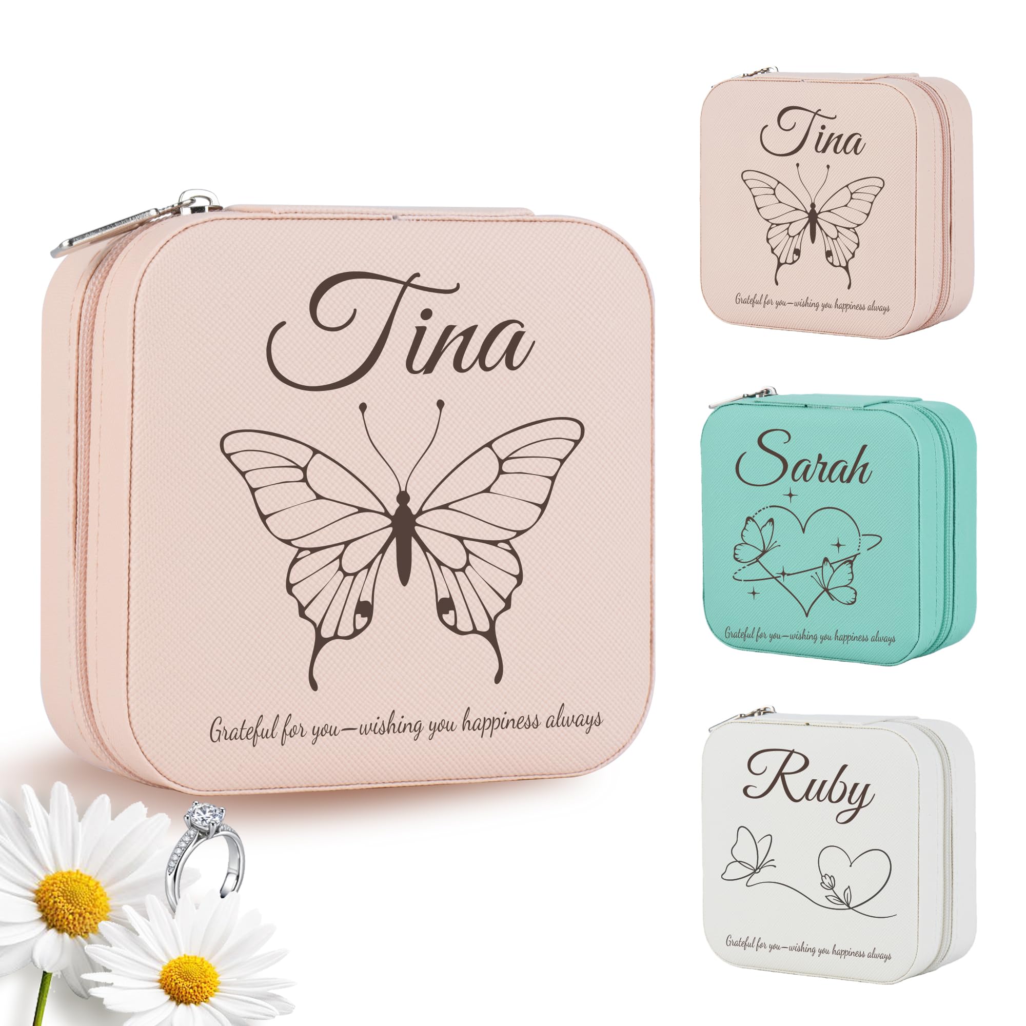 Personalized Leather Jewelry Box for Women Custom Travel Jewelry Case with Name Butterfly Design Gift for Her for