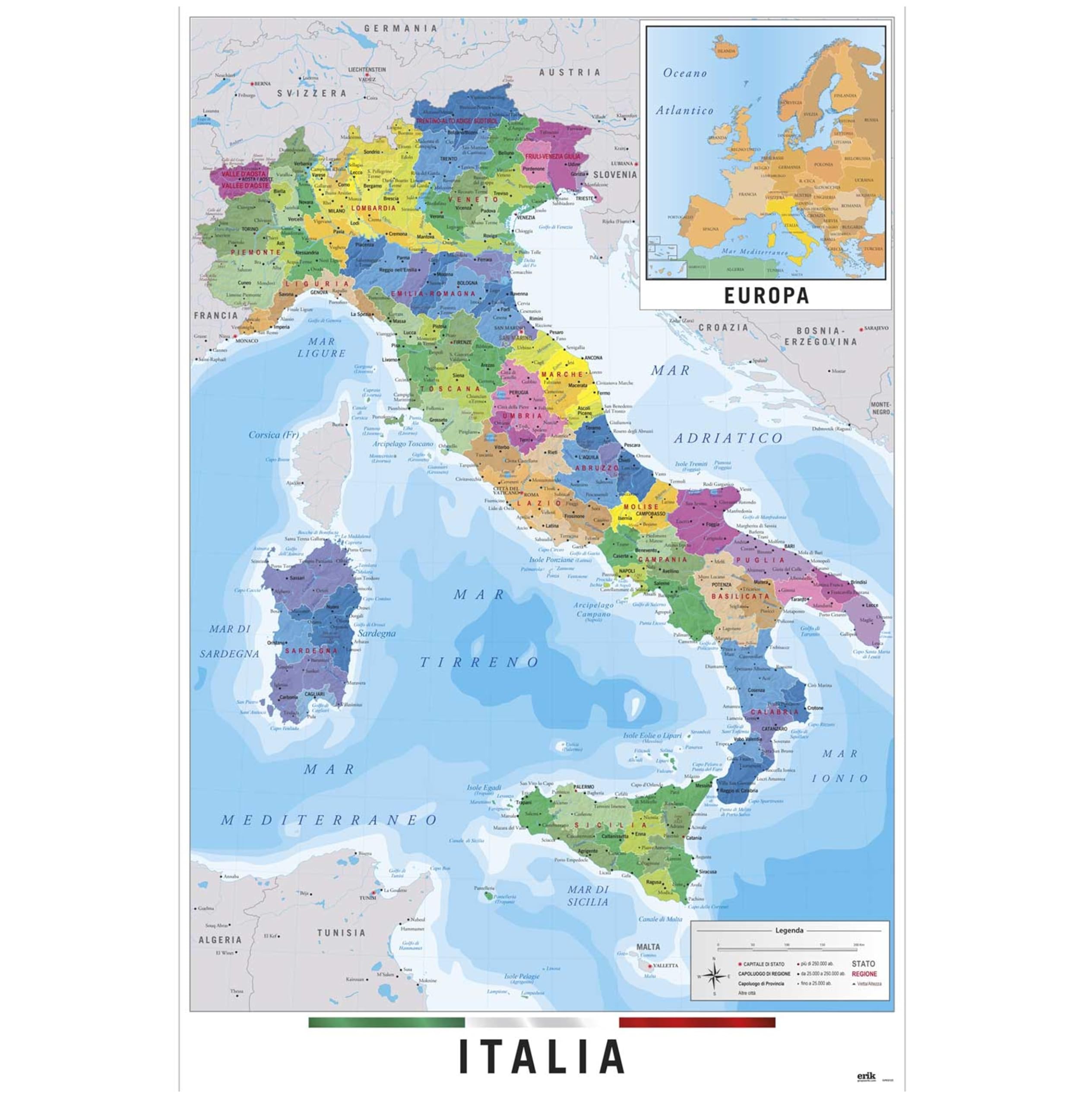Grupo Erik Cartina Geografica Italia - Cartina Italia da Muro Grande 61 x 91,​5 cm | Poster Da Parete Mappa Gigante (Include Mini Mappa dell'Europa)