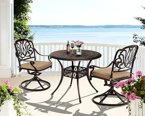 Miniatura 7 de TITIMO Juego de 3 piezas de bistró para exteriores, juego de conversación de aluminio fundido con 2 sillas giratorias de patio y 1 mesa redonda de