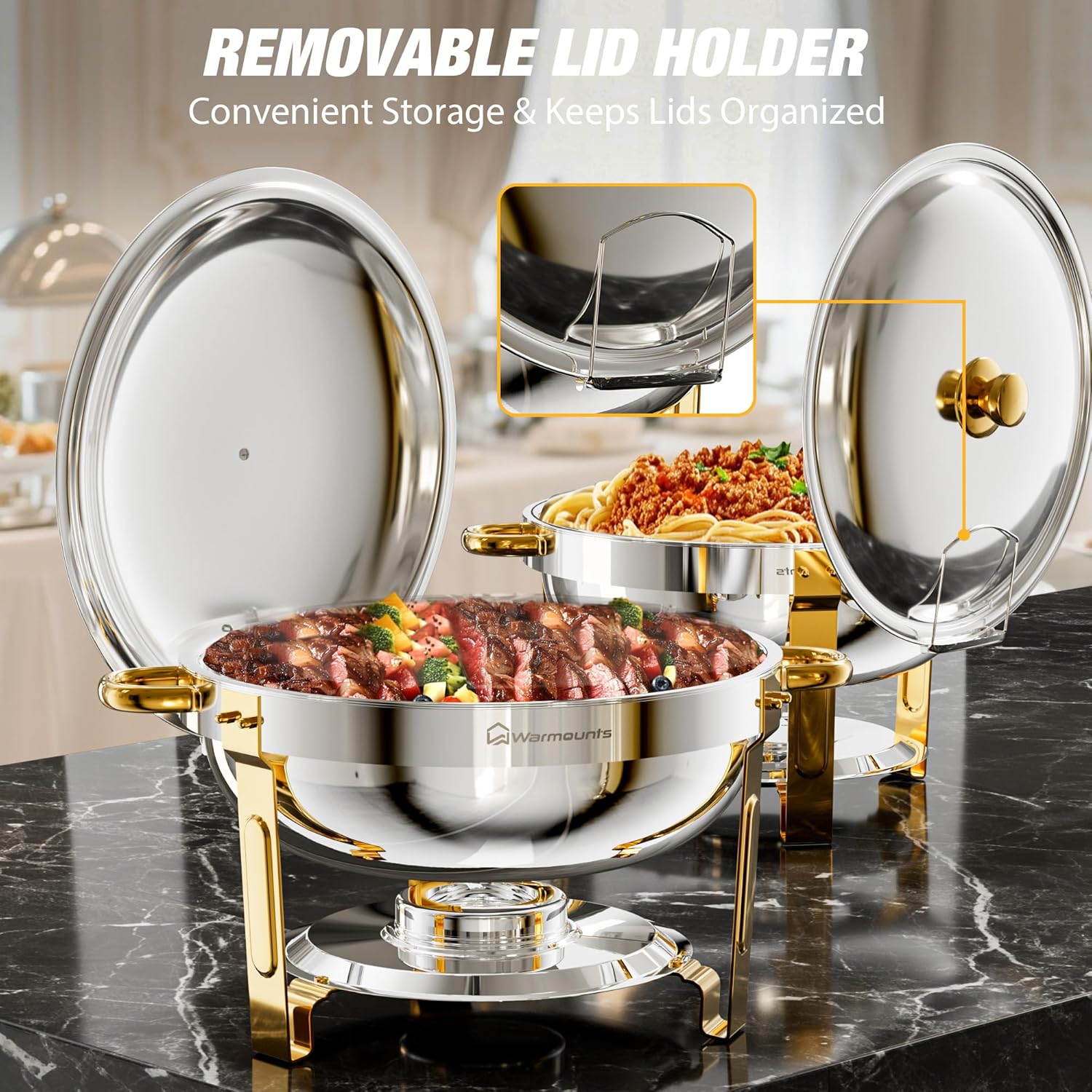 WARMOUNTS Round Chafing Dishes for Buffet (5QT, 4 Pack), Gold Stainless Steel Chafers and Buffet Warmers Sets with Lid Holder, Rolled Rim Process, Stackable Design, for Catering, Parties, Weddings - Image 4