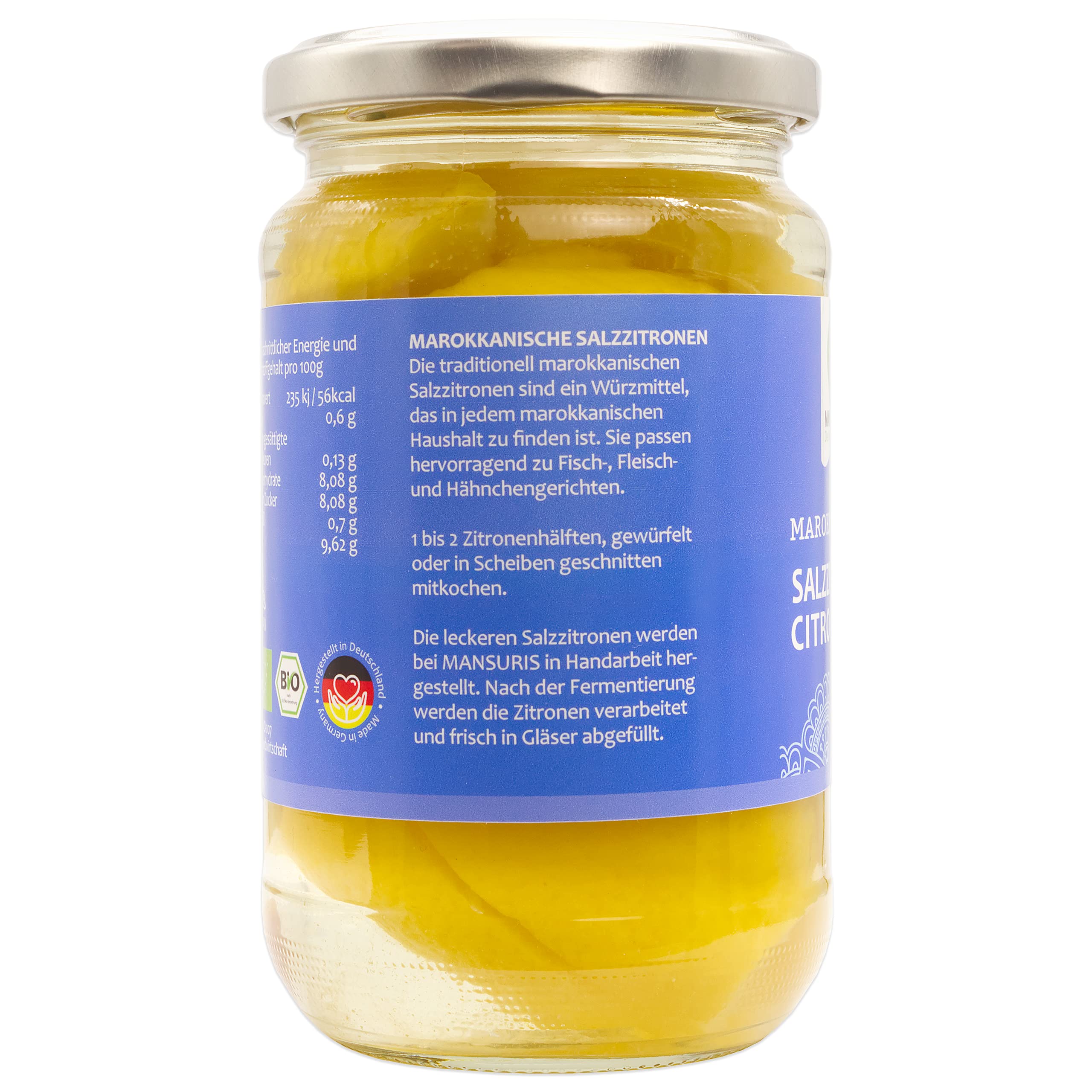 Mansuris - eingelegte Bio Zitronen in Meersalz - Citron Beldi -BIO Salzzitronen, In Salzlake eingelegte marokkanische Zitronen für Tajine Couscous, vegan, glutenfrei im 6er Set á 350 g Glas