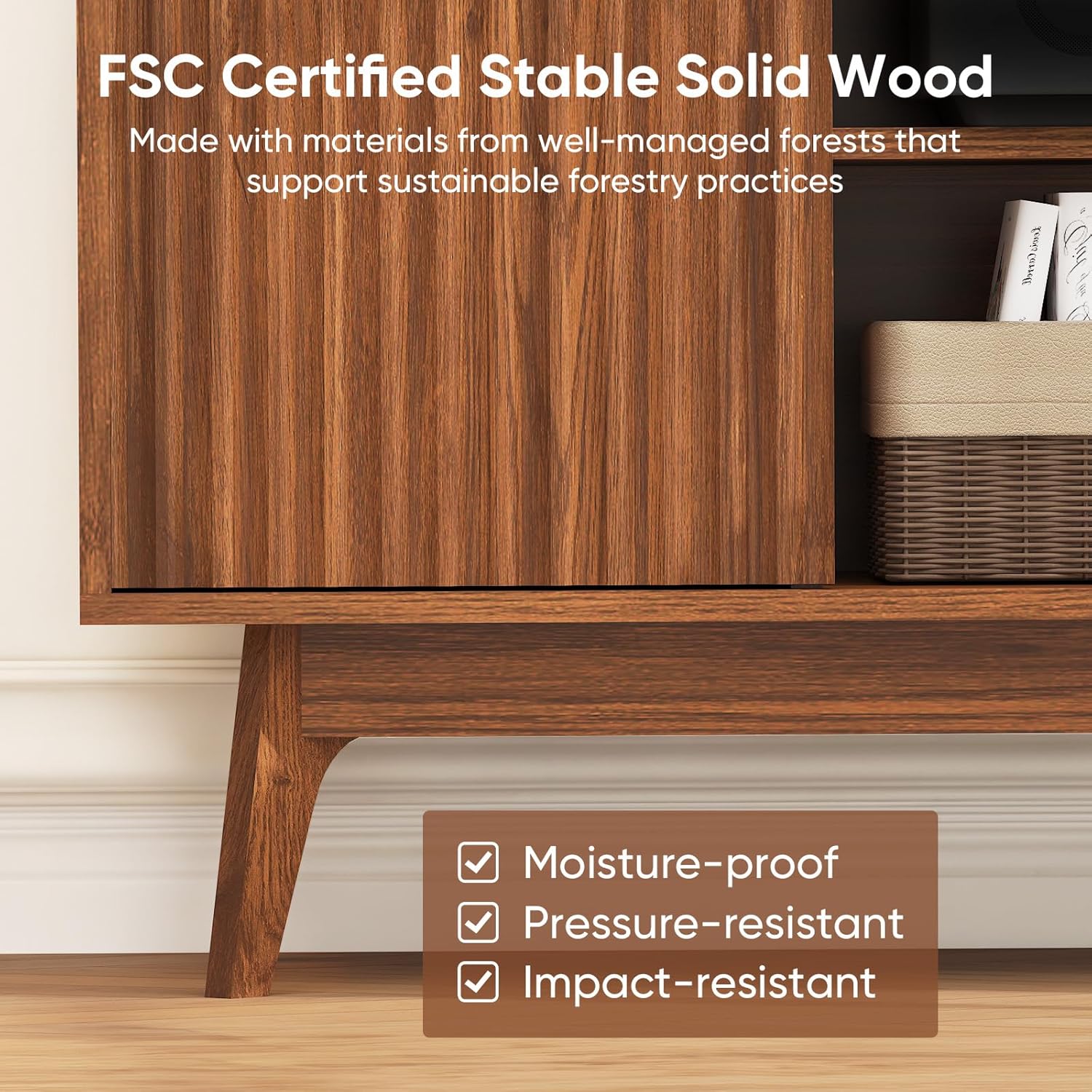 Concho Fluted TV Stand for 60 Inch TV, Modern Entertainment Center with Storage and Shelves, Wood TV Console with Solid Wood Legs, Tall Media Console, TV Cabinet for Living Room and Bedroom, Walnut