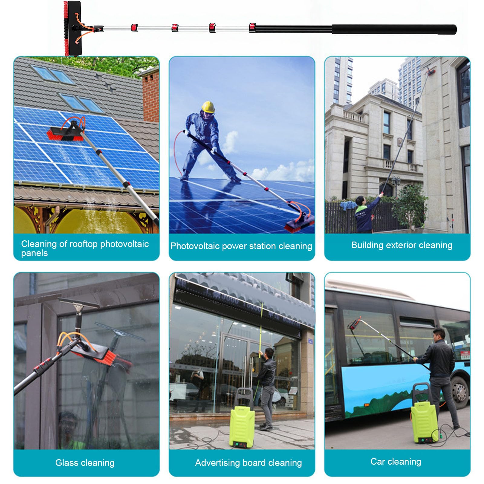 PUSOKEI Cepillo Telescópico para Paneles Solares de 5 Secciones |Poste Limpiador de Alta Resistencia de 15 Pies para Vallas Publicitarias y Vidrios Comerciales