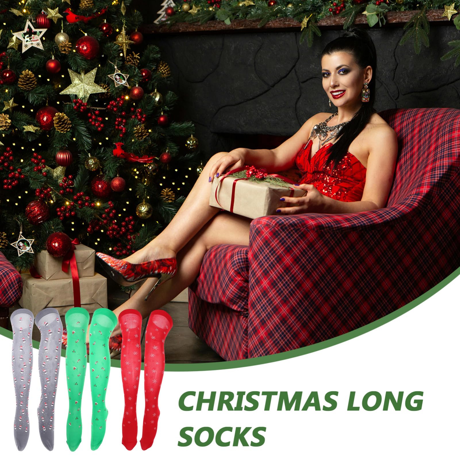 3 Paires Chaussettes de Noël Soie Imprimées Chaussettes Dessus Genou pour Femmes Élastiques et Légères Cadeau Dhiver