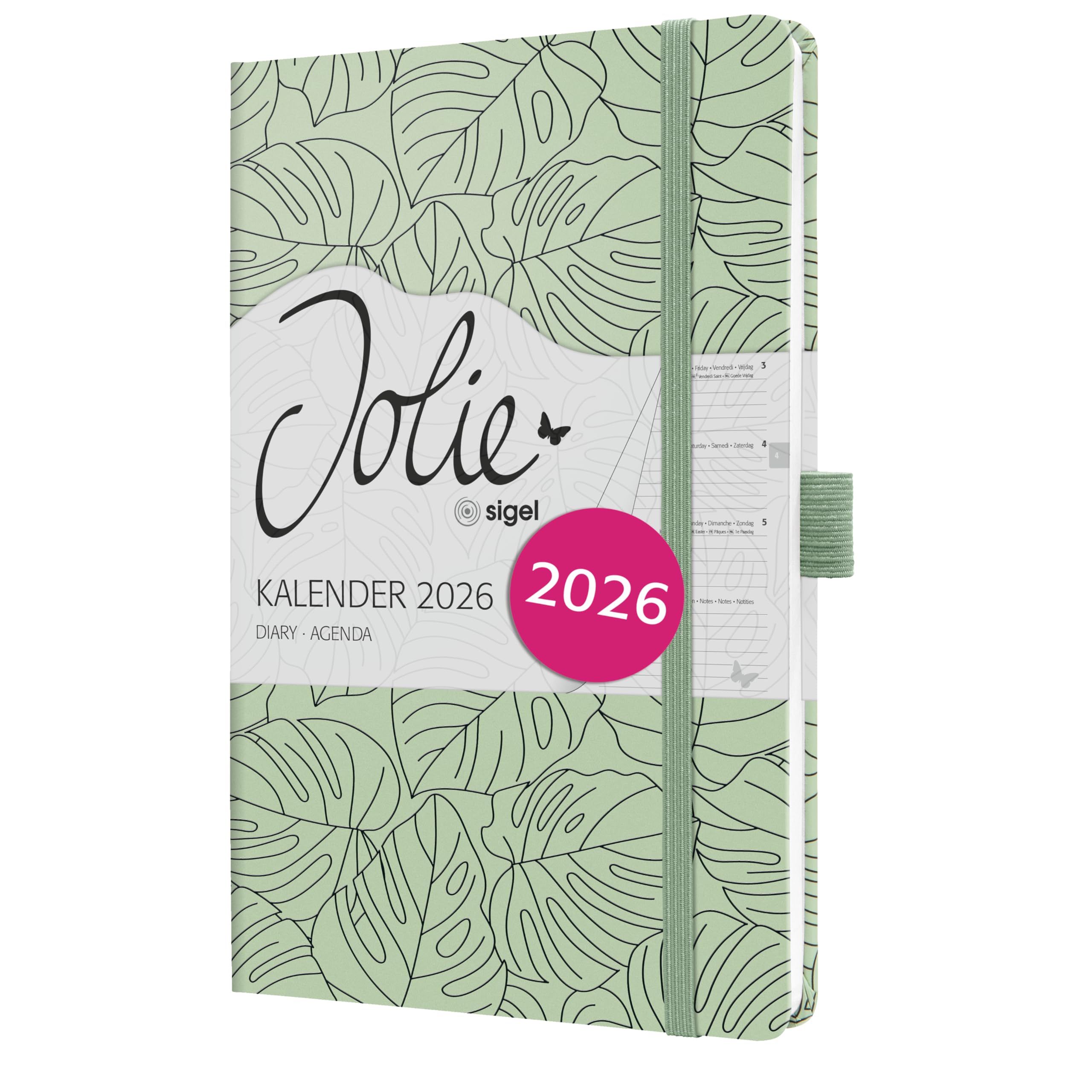 SIGEL J6353 Wochenkalender 2026 ca. A5, hellgrün, schwarz, Hardcover, Gummiband, Stiftschlaufe, Einstecktasche, 174 Seiten, vegan, Buchkalender, Terminplaner Taschenkalender Jolie