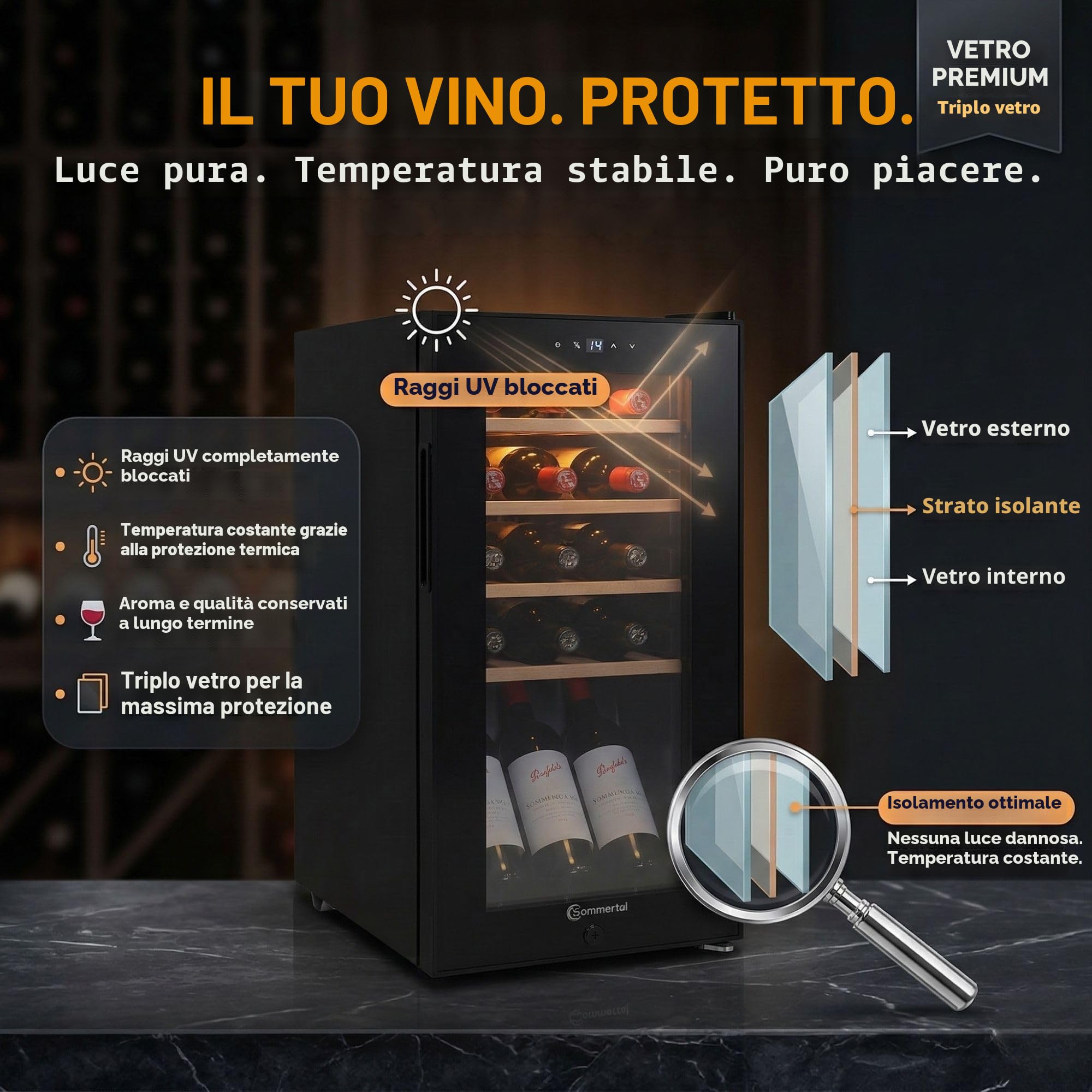 Sommertal Frigorifero per vino con porta in vetro WK50 – 15 bottiglie, regolabile 5–20°C, bloccabile, illuminazione a LED, porta in vetro, touchscreen, 4 ripiani in legno, silenzioso e a risparmio