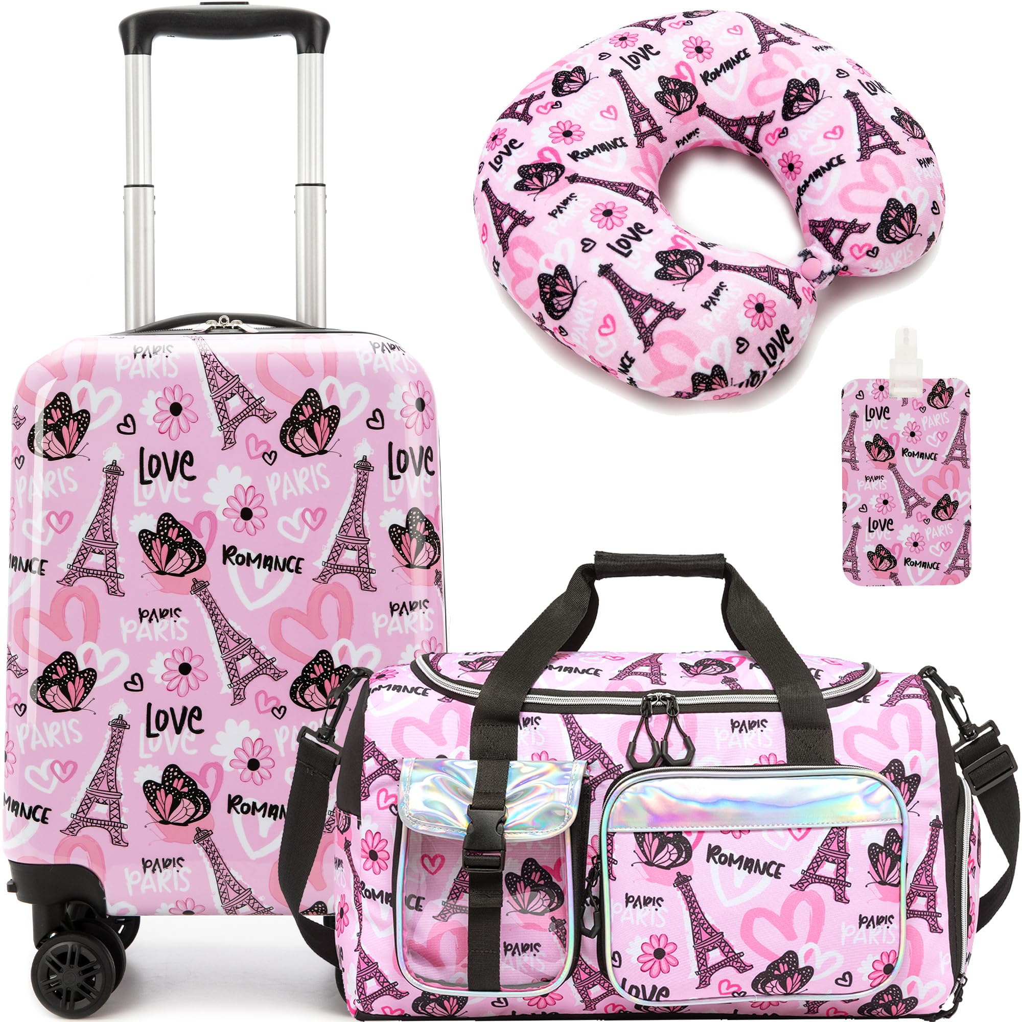 HTgroce 3 teiliges Kinderkoffer, Kindertrolley mit Reisetasche Kinder Mädchen, Nackenkissen & Gepäckanhänger, Kindergepäck mit Rollen, Handgepäck Reisekoffer Hartschalenkoffer für Mädchen