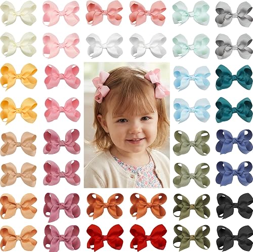 CÉLLOT 40 Pieces 3 Inch Hair Bows for Girls Clips Grosgrain Ribbon Boutique Hair Bow Alligator Clips For Girls Teens Toddlers Kids
