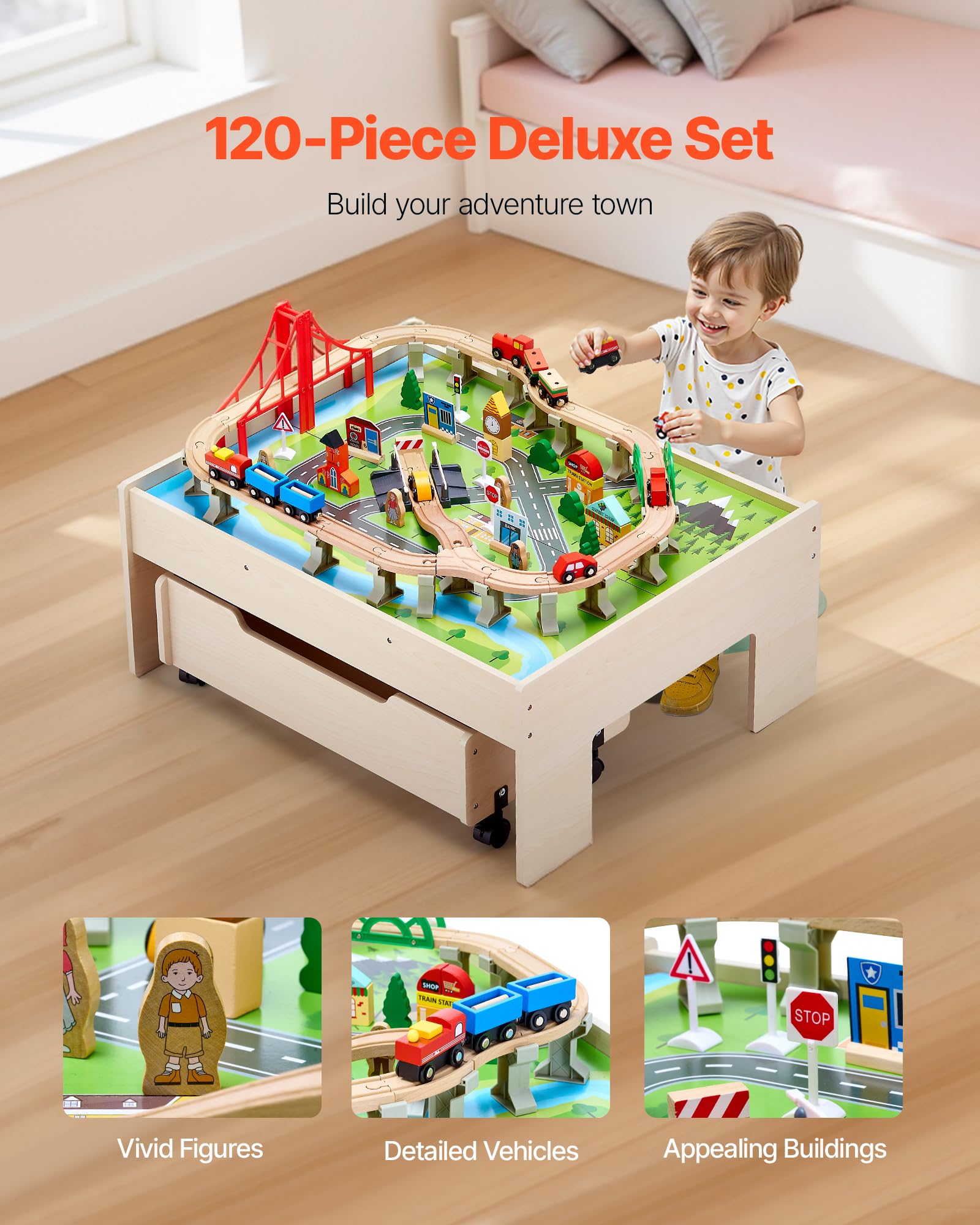 VEVOR Holz Aktivitätstisch, 100-teilig, Eisenbahntisch mit rollender Schublade, 3-in-1-Holzeisenbahn-Set zum Spielen, Malen, Lesen, Essen, kreatives Spielzeug-Set für Kinder ab 3 Jahren