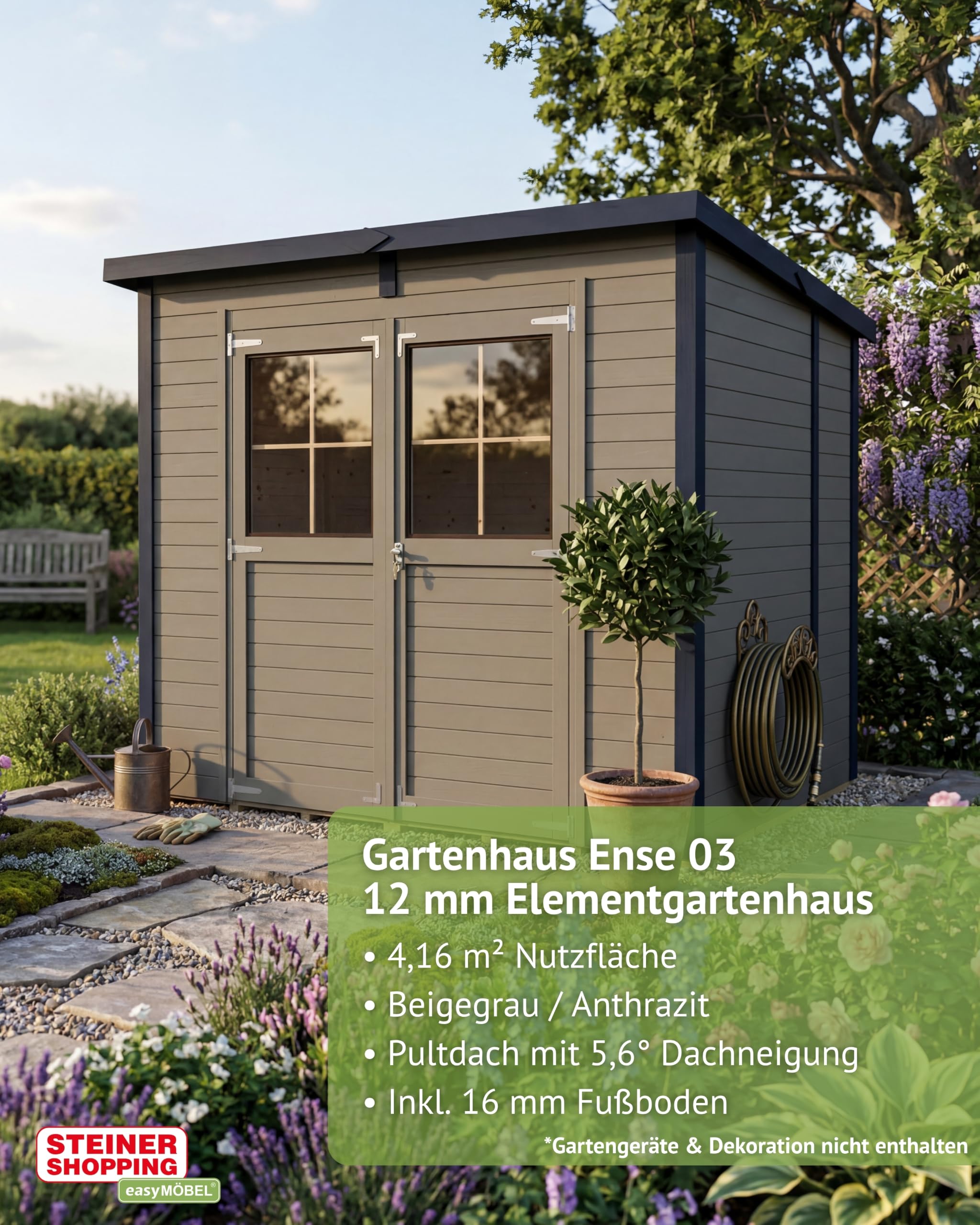 Steiner Shopping Gartenhaus Ense 03 | 12 mm Elementgartenhaus aus nordischer Fichte I Außenmaß 252 x 200 cm I Mit Fußboden & Pultdach