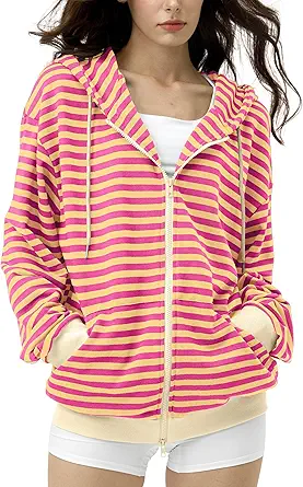 FAIABLE Striped Zip Up Hoodie Women Oversized Sweatshirt Hoodies Zipper Sweaters Pullover Cotton Vintage Preppy Shirt Outfits