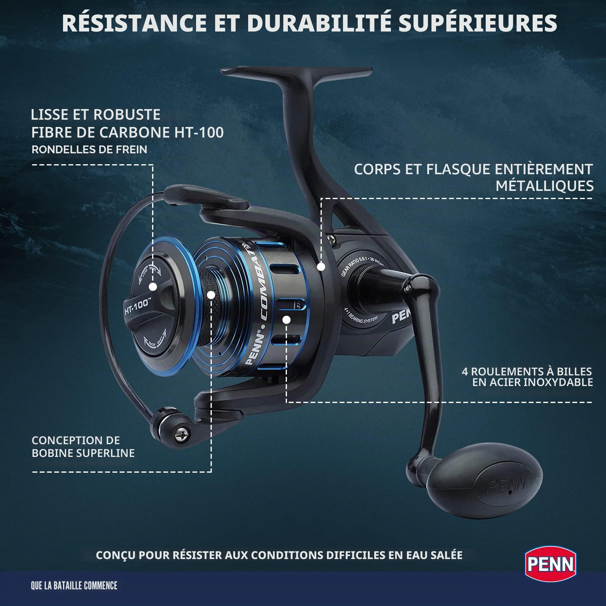 Penn Combat III Moulinet de pêche en mer Polyvalent pour Bateau, Kayak, Rivage, Jigging, Surf et Utilisation Polyvalente, Noir/Bleu