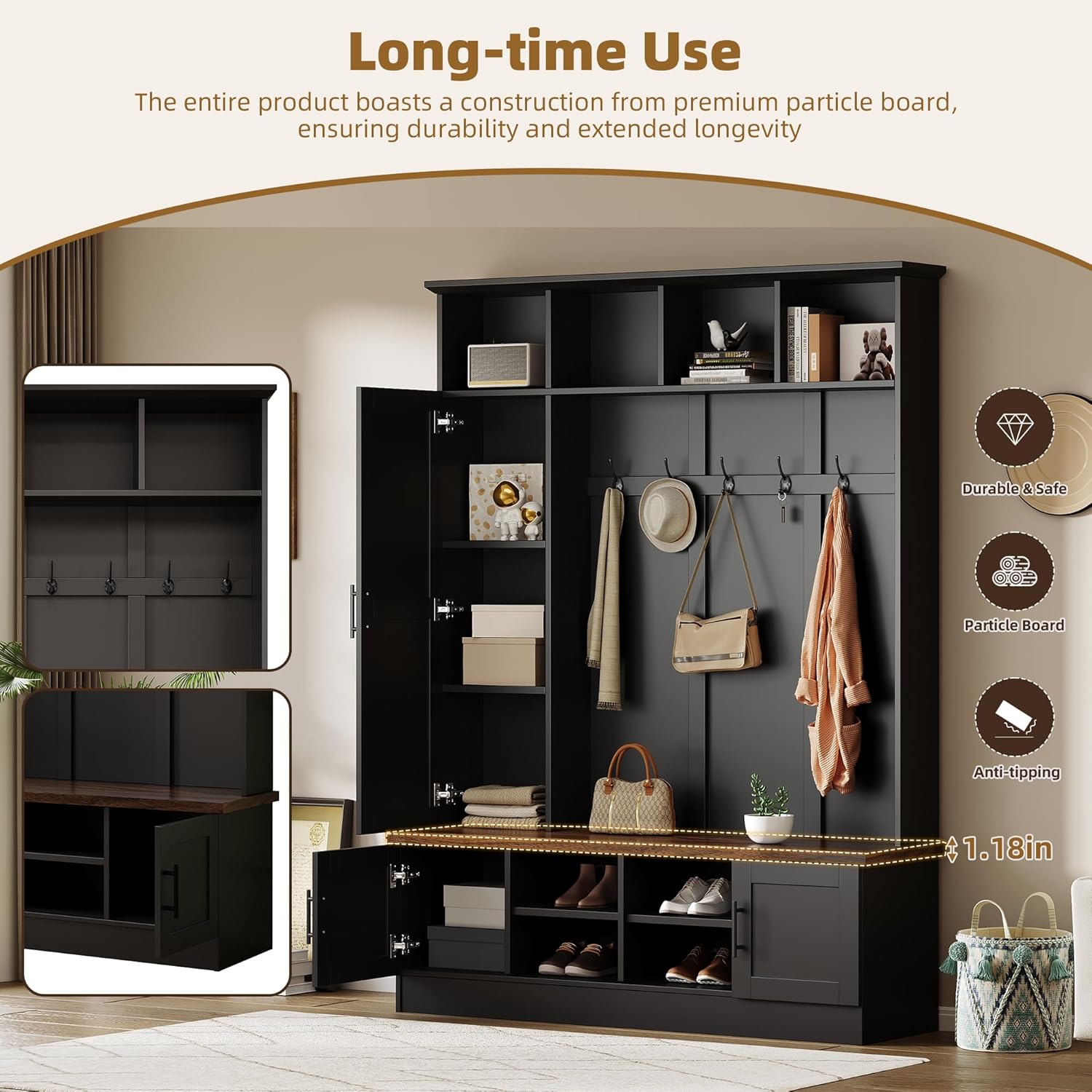 Versatile 3-in-1 Hall Tree with 6 Hooks, Farmhouse Walnut Storage Bench with Adjustable Shelves, 55"W Modern Entryway Coat Rack with Multiple Storage Space for Mudroom, Living Room (Black-RT69)