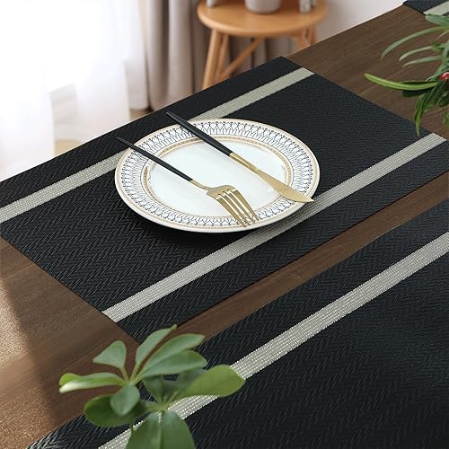 Miniatura 6 de FAVE Juego de 12 manteles individuales negros tejidos con hilo dorado de vinilo para bodas, banquetes, cumpleaños, fiestas, restaurantes (negro, 12
