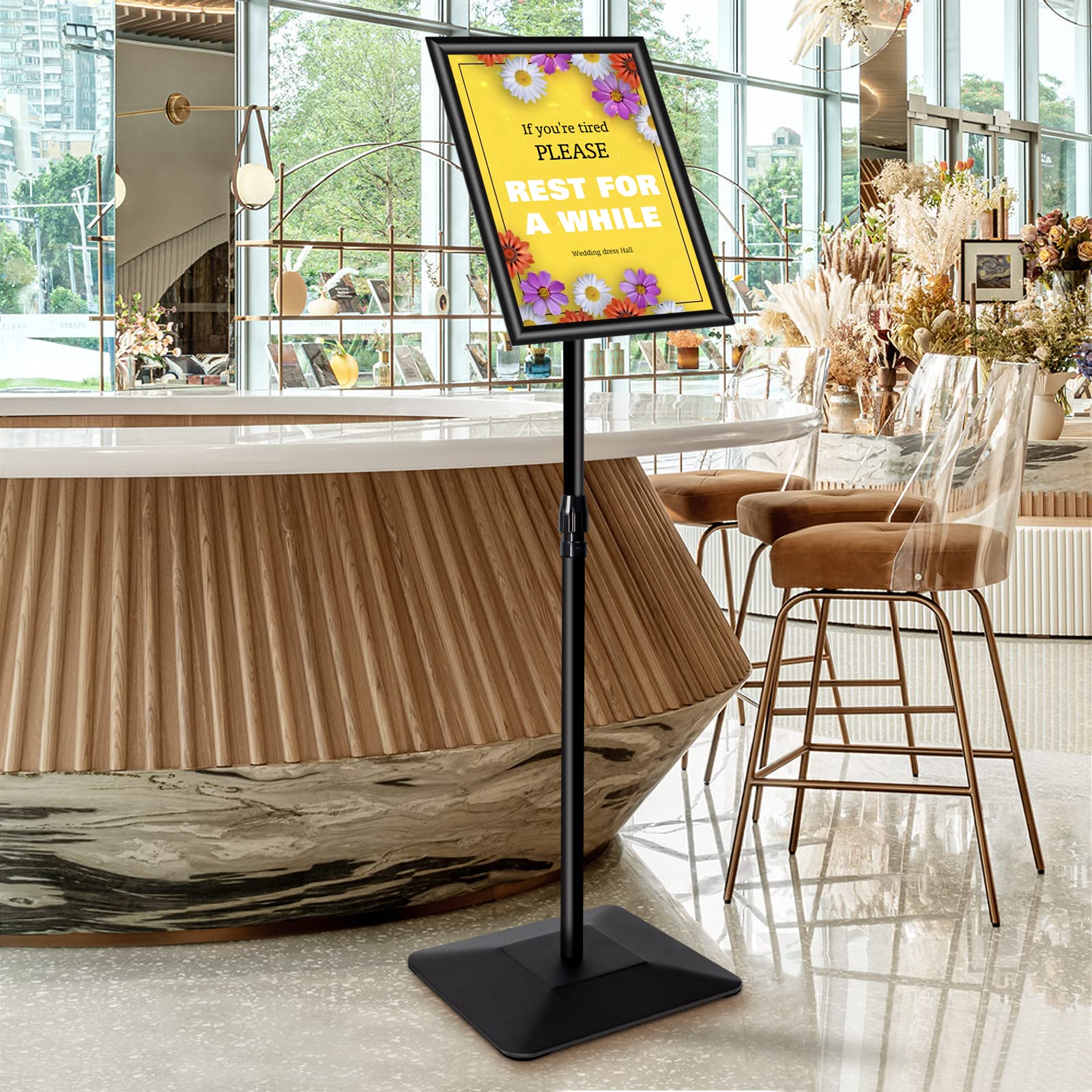 21,6 x 27,9 cm, piedistallo con base in acciaio massiccio resistente, supporto regolabile per cartelli verticali e orizzontali, supporto per display super stabile, nero