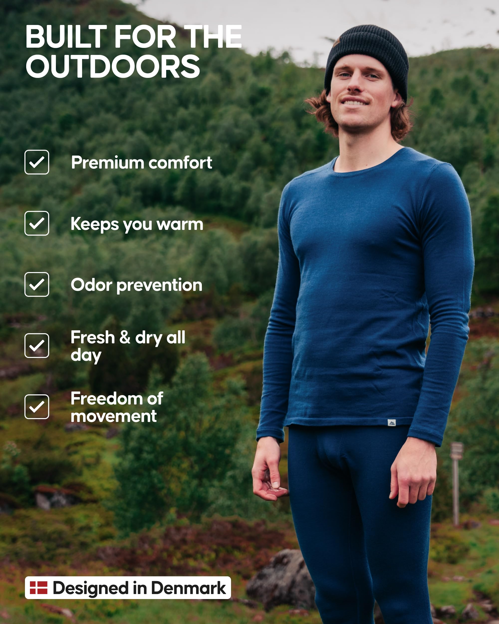 DANISH ENDURANCE Intimo Termico Uomo Lana Merino, Maglia Termica Uomo e Pantaloni Termici, Calzamaglia Termica Uomo Invernale per Sci, Trekking