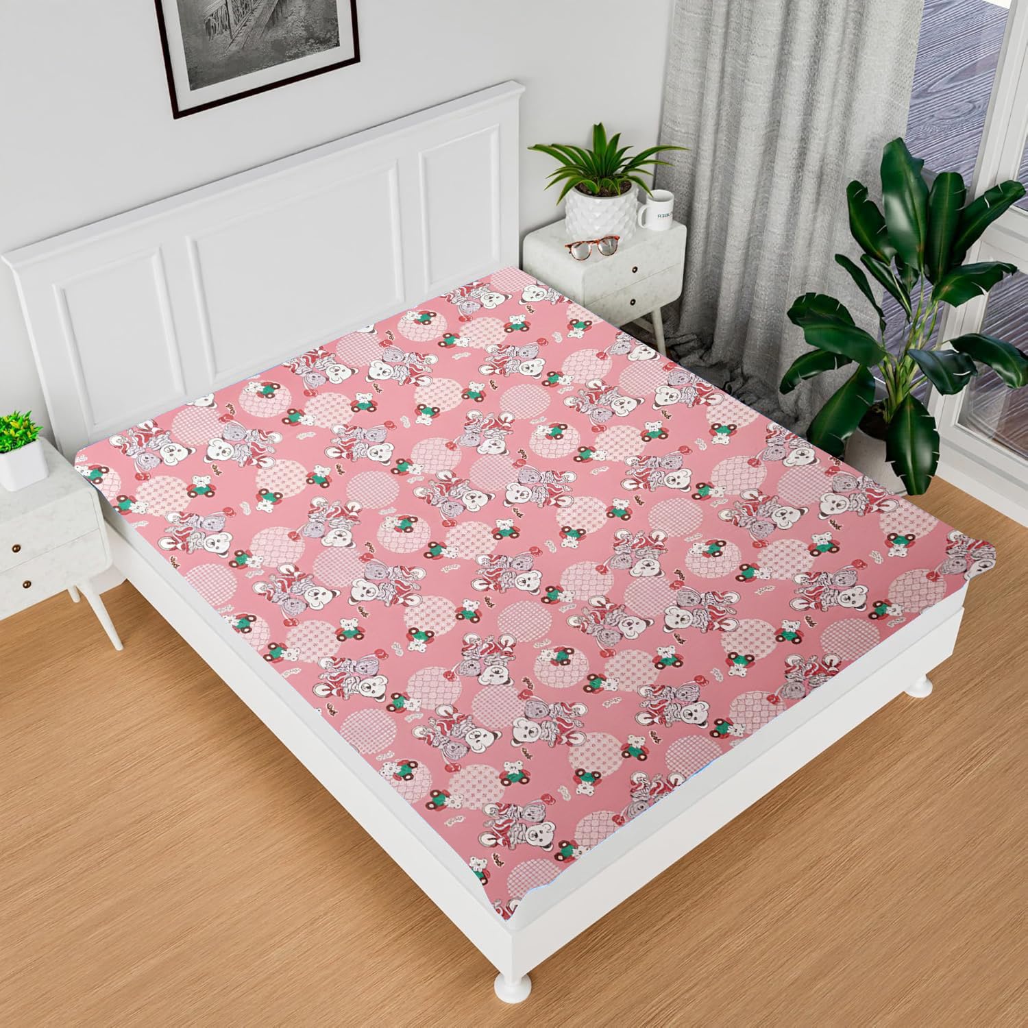 Printed Waterproof Baby Bedsheet 80x80 Inch for King Size Bed | PVC Urine Proof Mattress Protector | Baby Plastic Sheet for Newborn & Toddler | Pack of 1 | Pink Bear-image-27